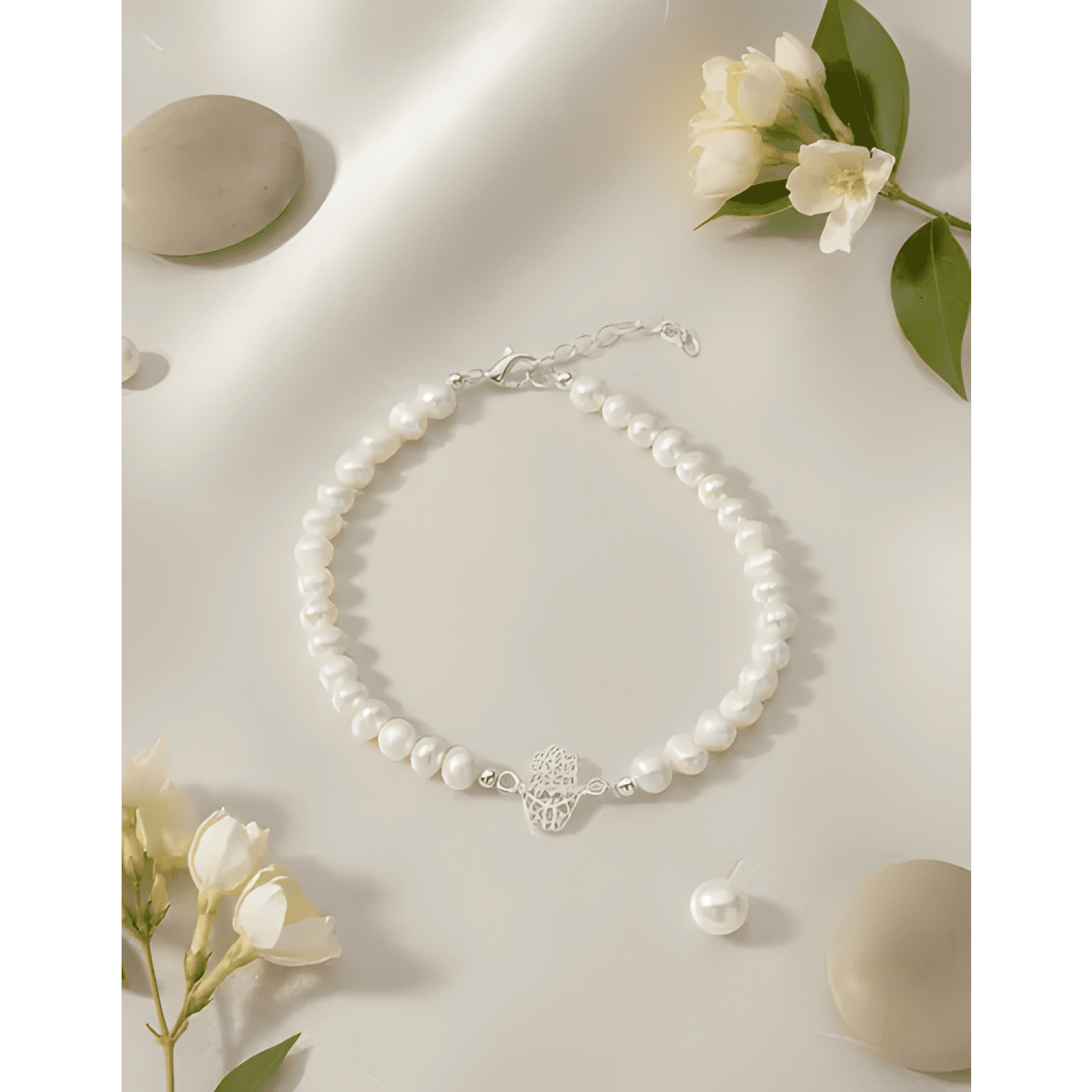 Pulsera plata 925 mano de fátima perlas de rio natural mujer-4