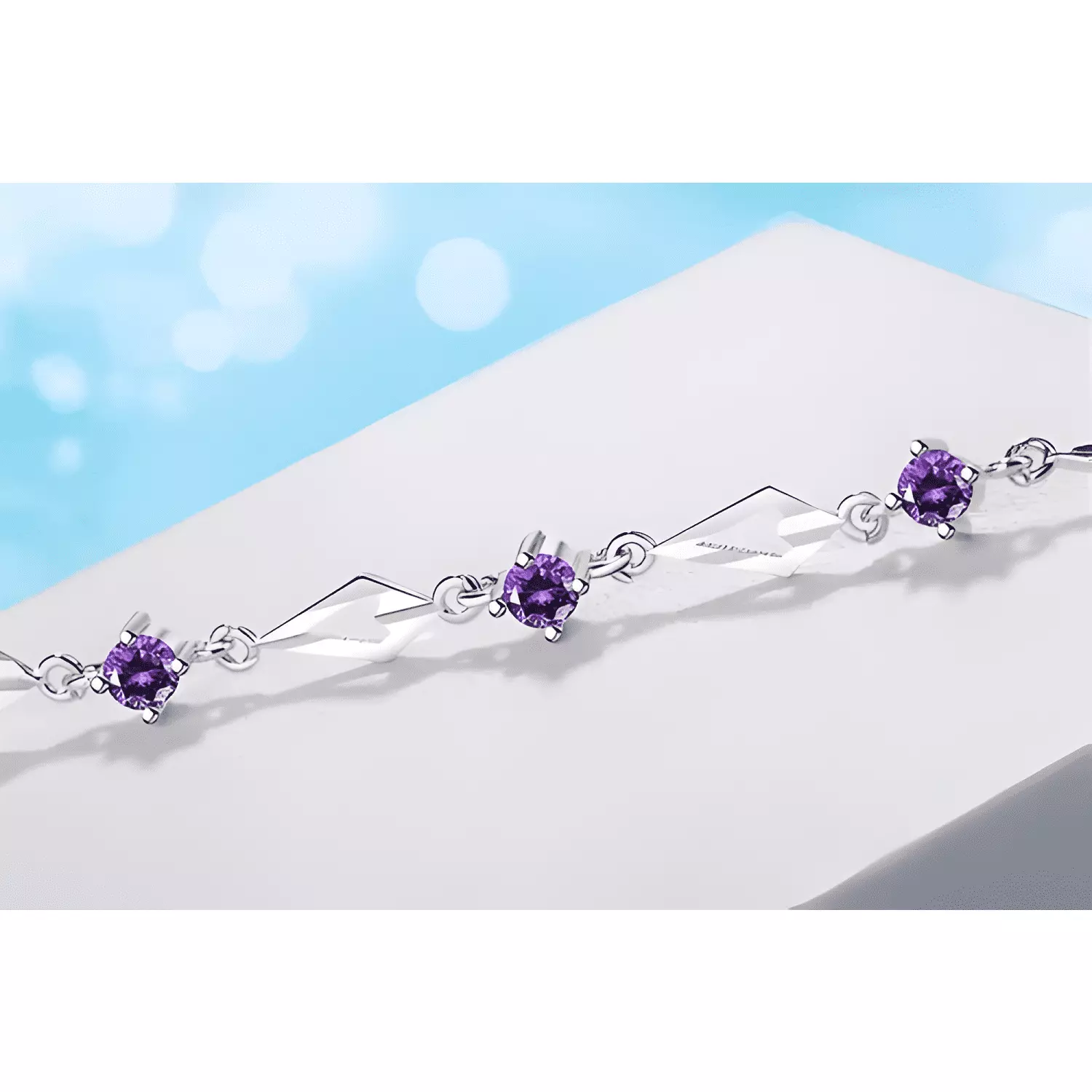Pulsera de plata fina 925 amatista +caja redonda Lila #2-2