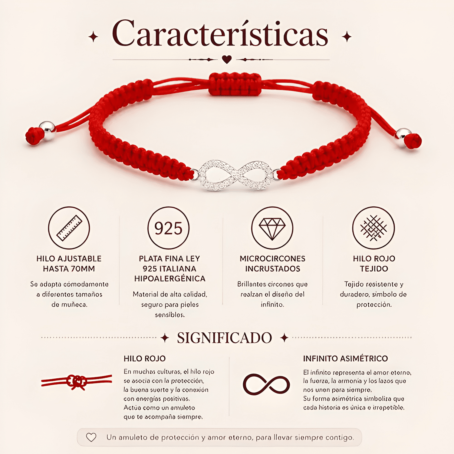 Pulsera hilo infinito plata 925 protección amor mujer Rojo-2