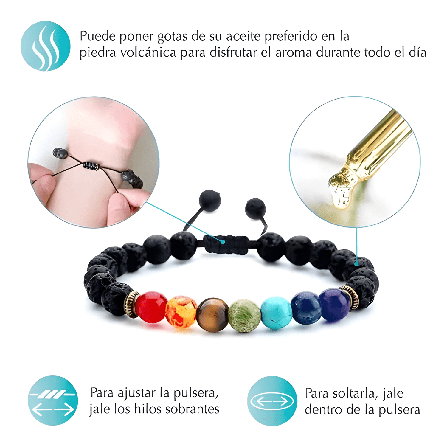 Pulsera ajustable 7 chakras piedras volcánicas buena energía-3