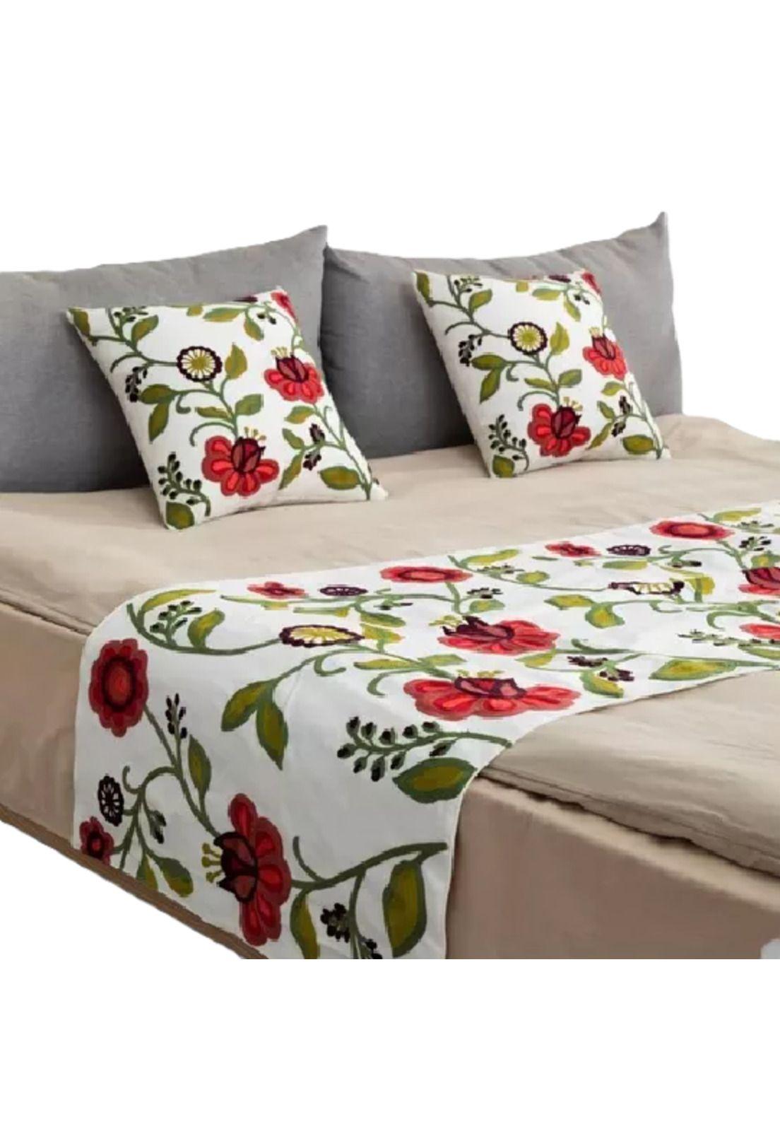 Piecera bordada + 2 fundas de cojín diseño floral 1 color blanco-1