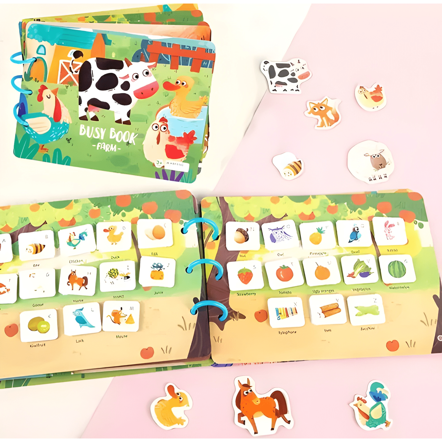 Libro sensorial didáctico montessori con velcro niños granja-4