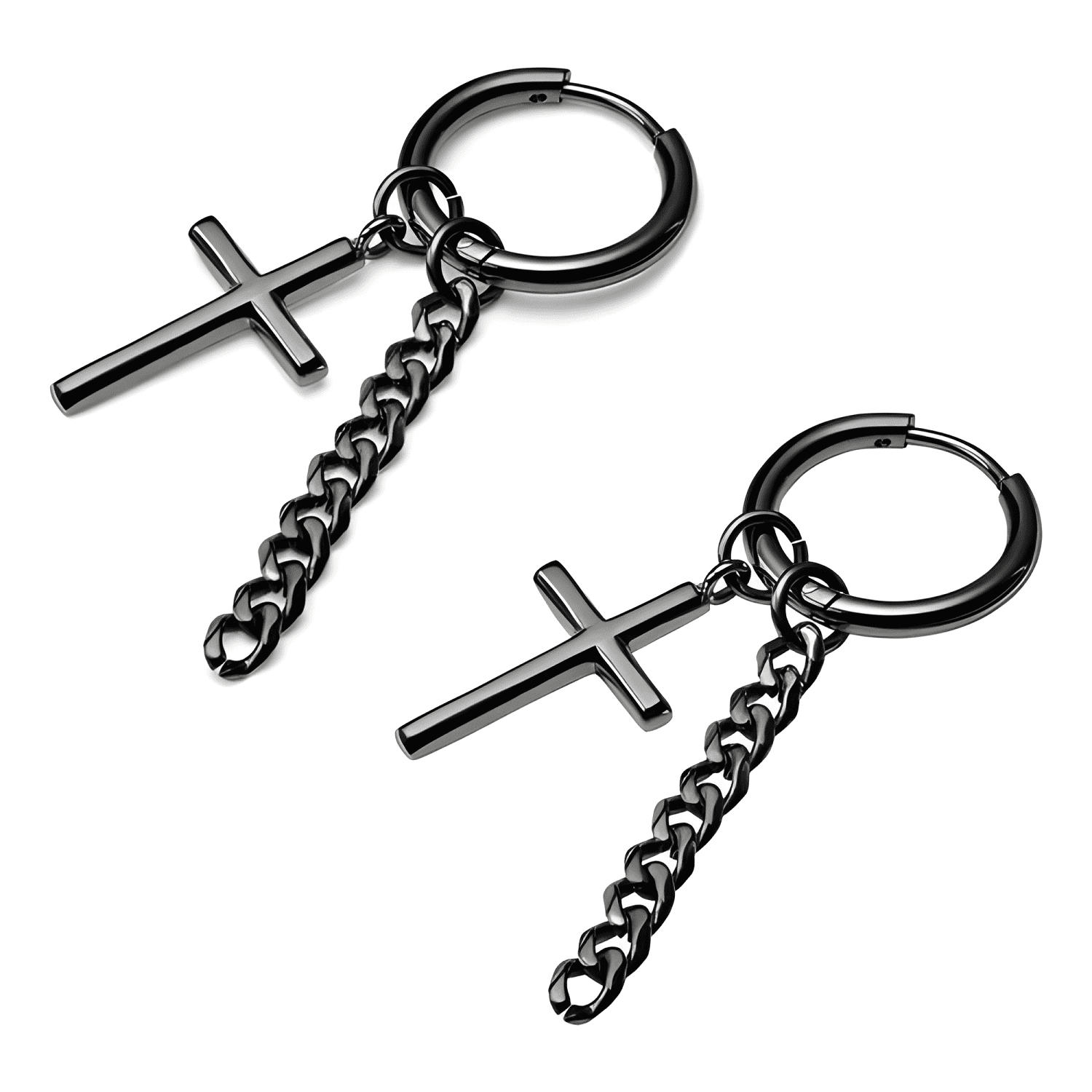 Aros Hombre Argollas Negras Cruz Cadena Punk Acero Colgante-0