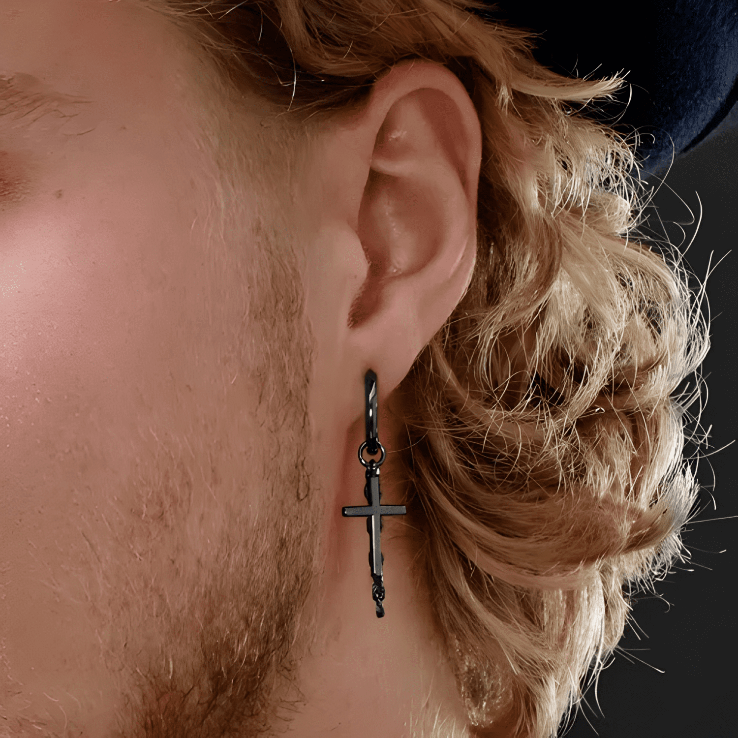 Aros Hombre Argollas Negras Cruz Cadena Punk Acero Colgante-1