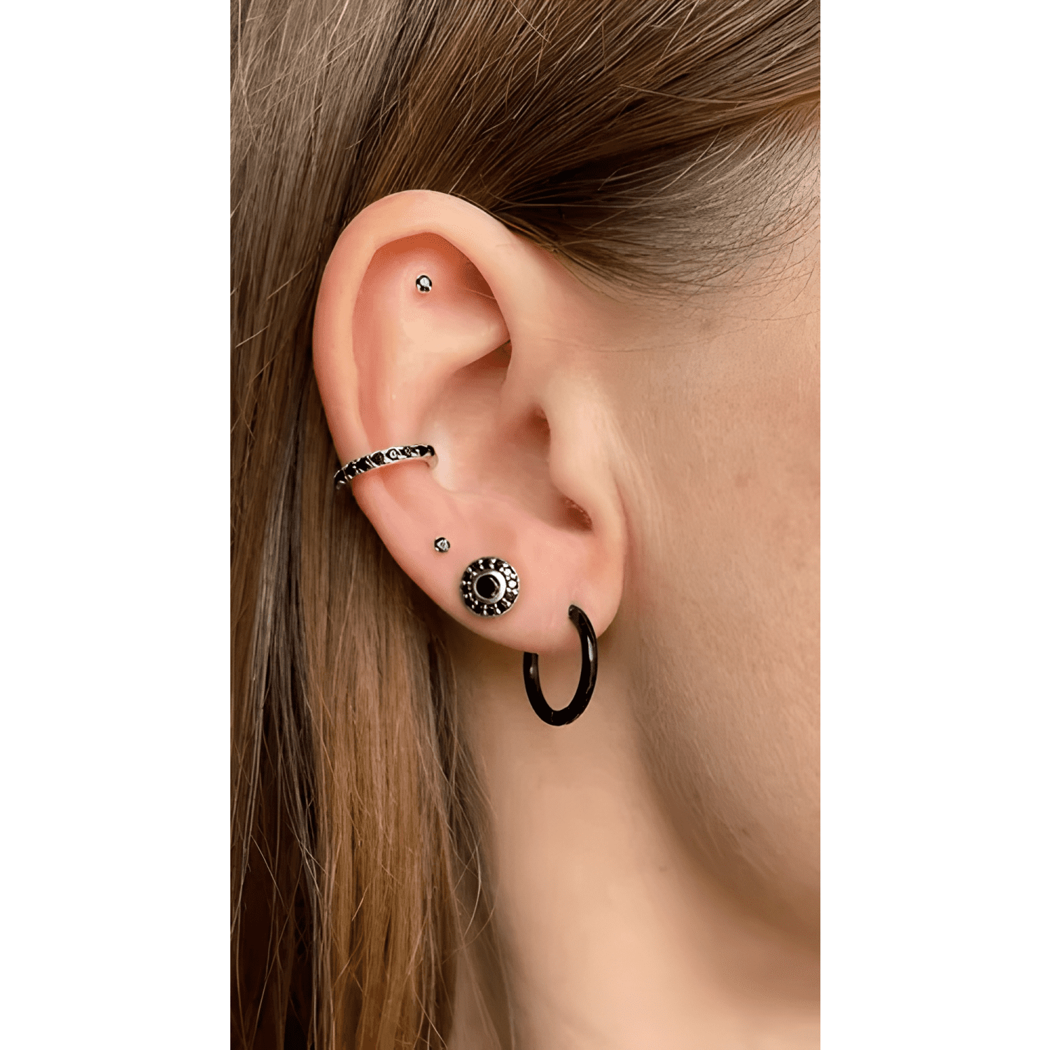 Aros Hombre Argollas Negras Cruz Cadena Punk Acero Colgante-3