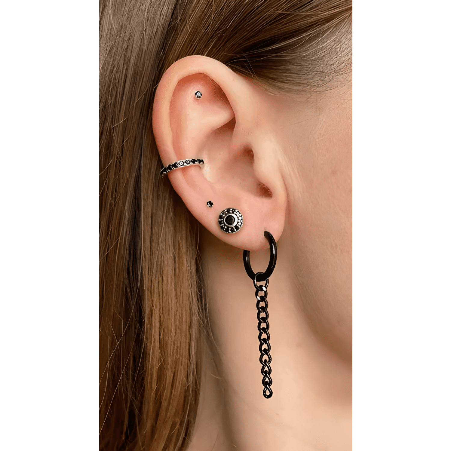 Aros Hombre Argollas Negras Cruz Cadena Punk Acero Colgante-4