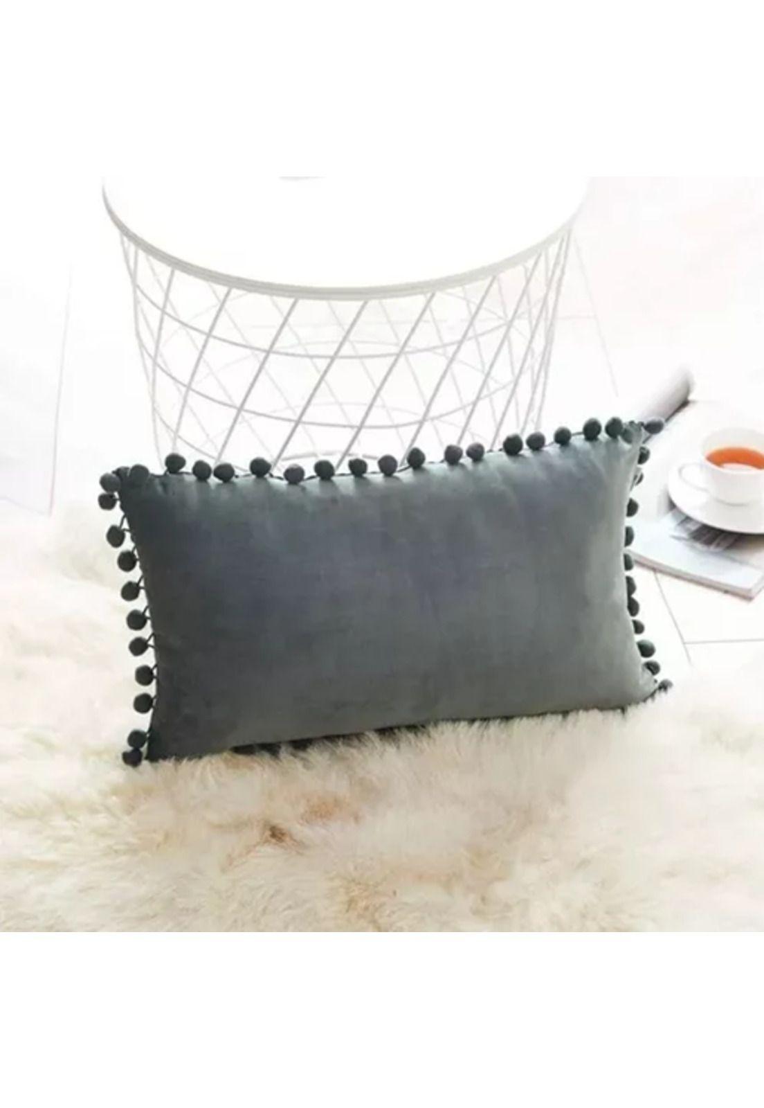 Pack de 2 Fundas de Cojín Terciopelo con Pompones 30x50 cm Gris-1