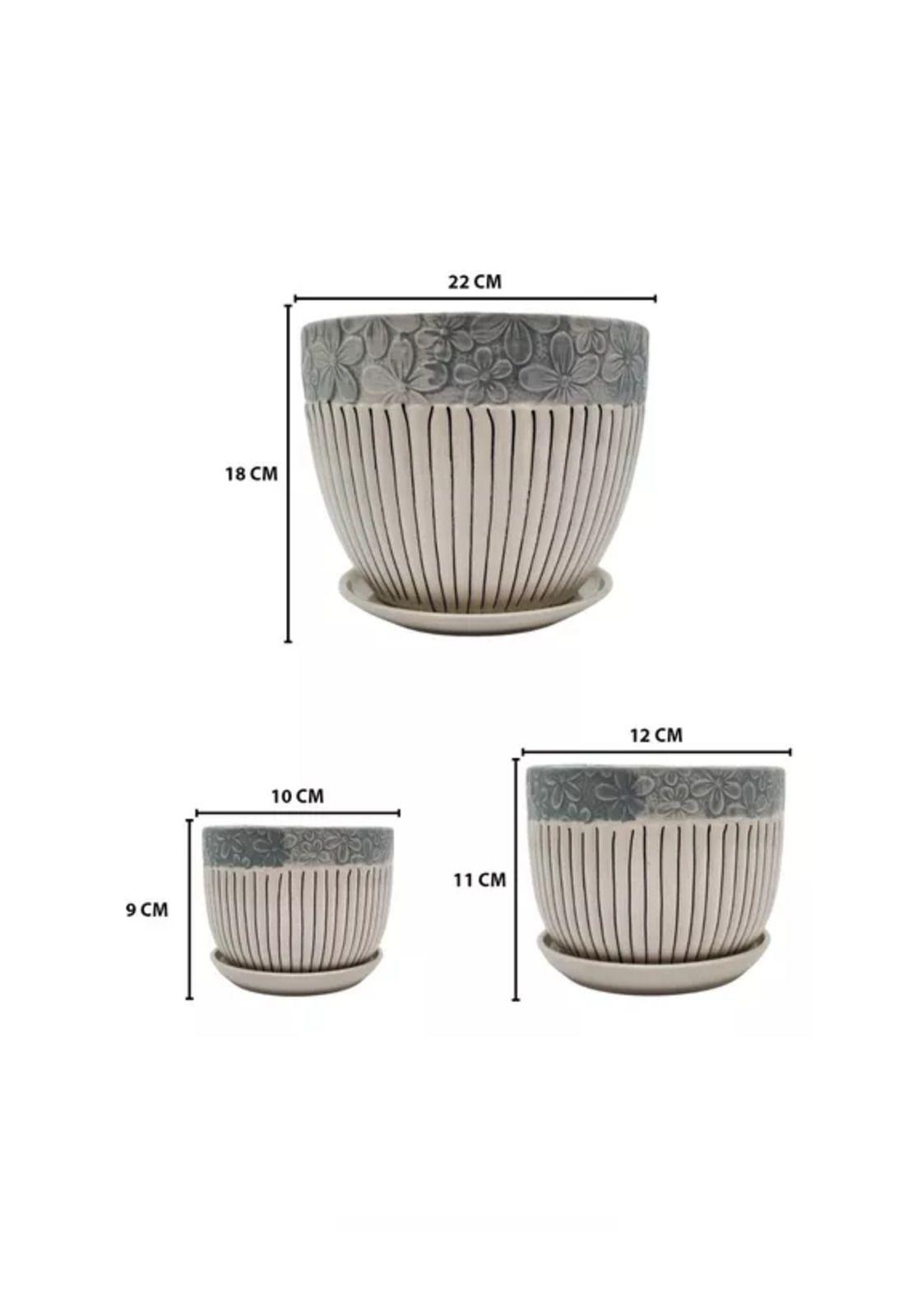 Set de 3 Maceteros Cerámica Blanca con Flores y Líneas-2