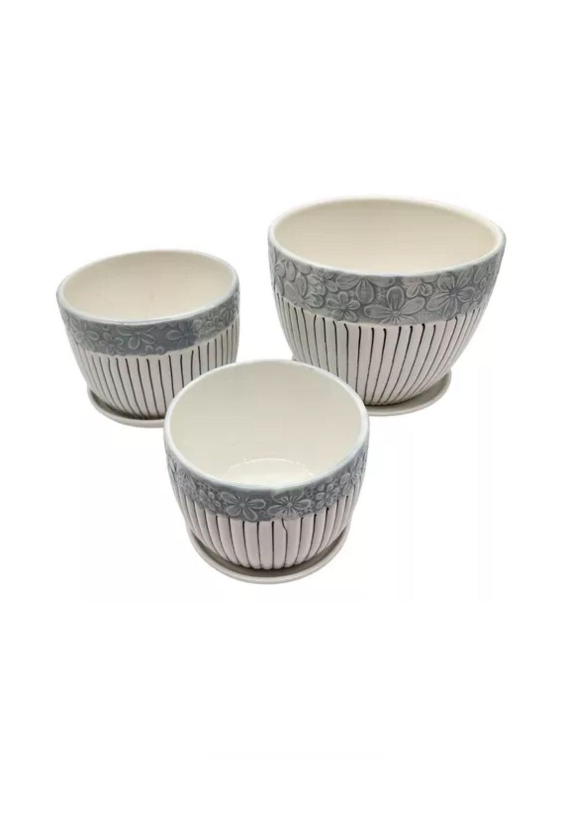 Set de 3 Maceteros Cerámica Blanca con Flores y Líneas-3