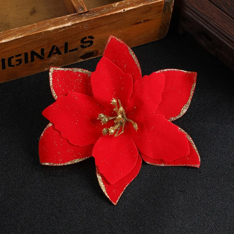 Pack 10 Adornos Flores Navideñas Navidad Árbol Con Clip 14cm Rojo-0