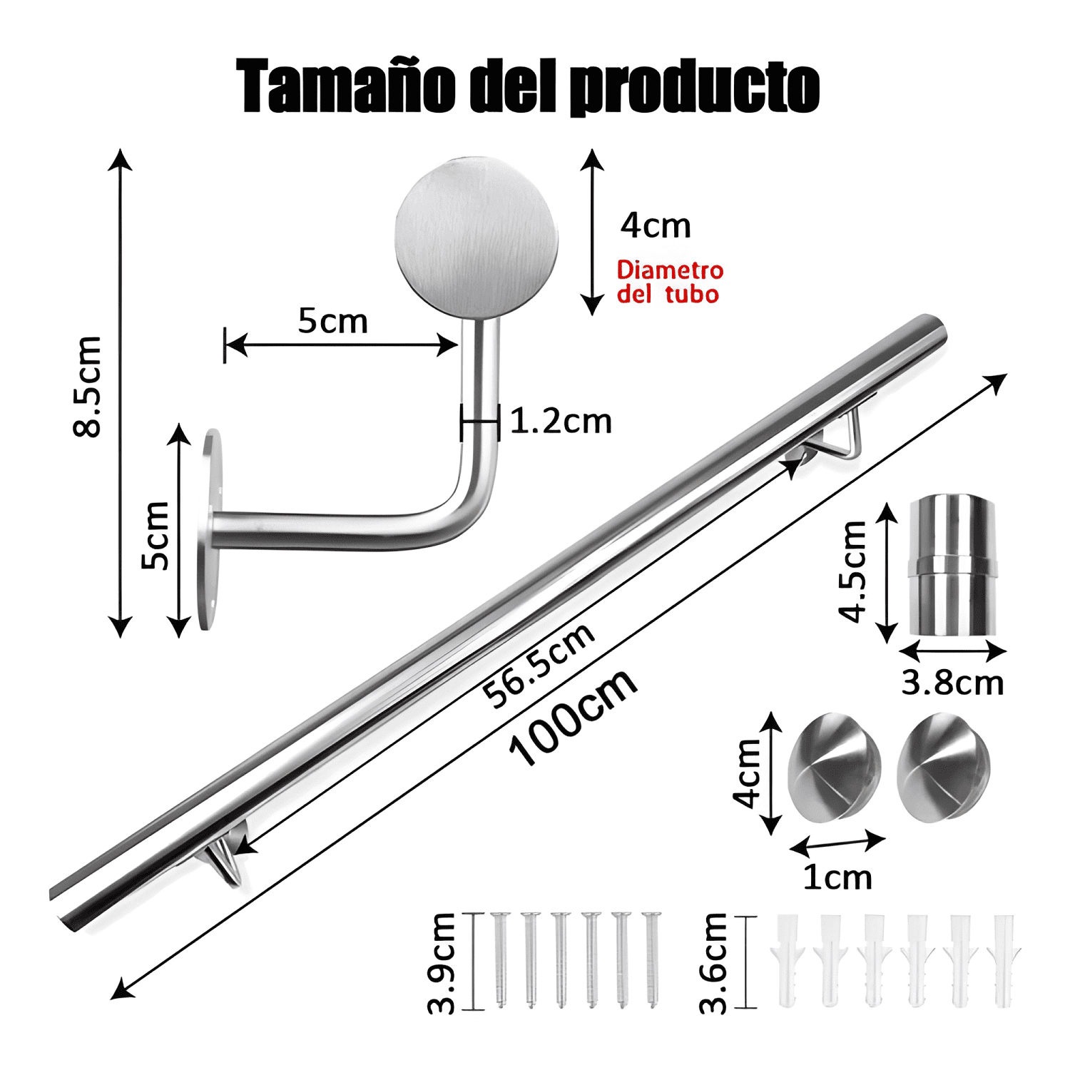 Pasamanos inox escaleras 2 m con soportes, empalmable #3-1