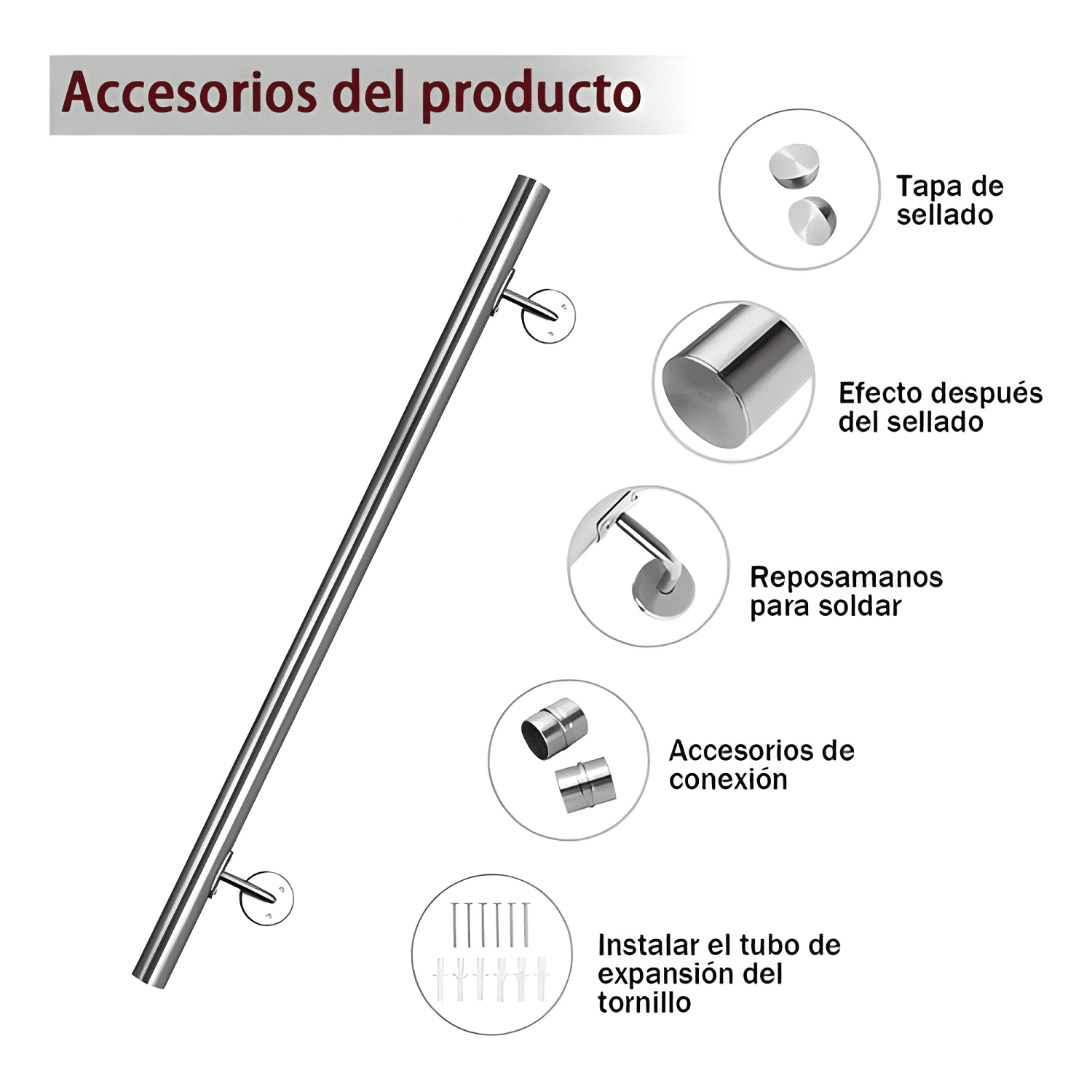 Pasamanos inox escaleras 2 m con soportes, empalmable #3-2
