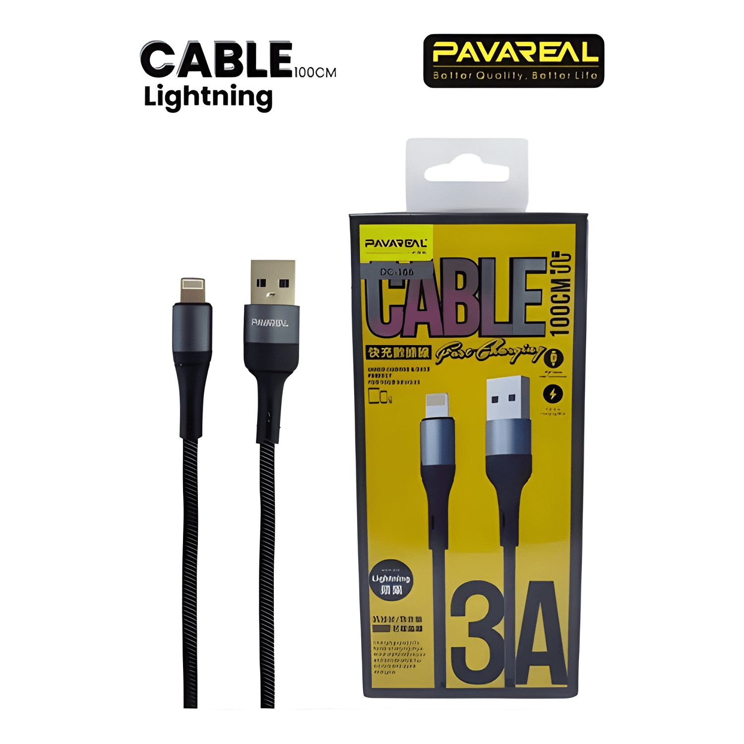 Cable carga rápida pavareal USB a lightning 1m Negro-2