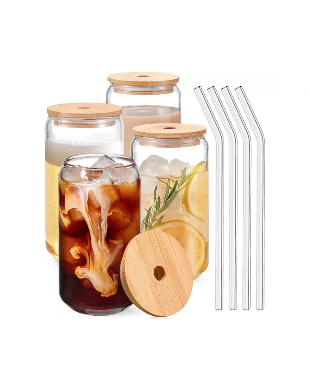 Set 4 Vasos Vidrio Tapa Bambú Cócteles-1