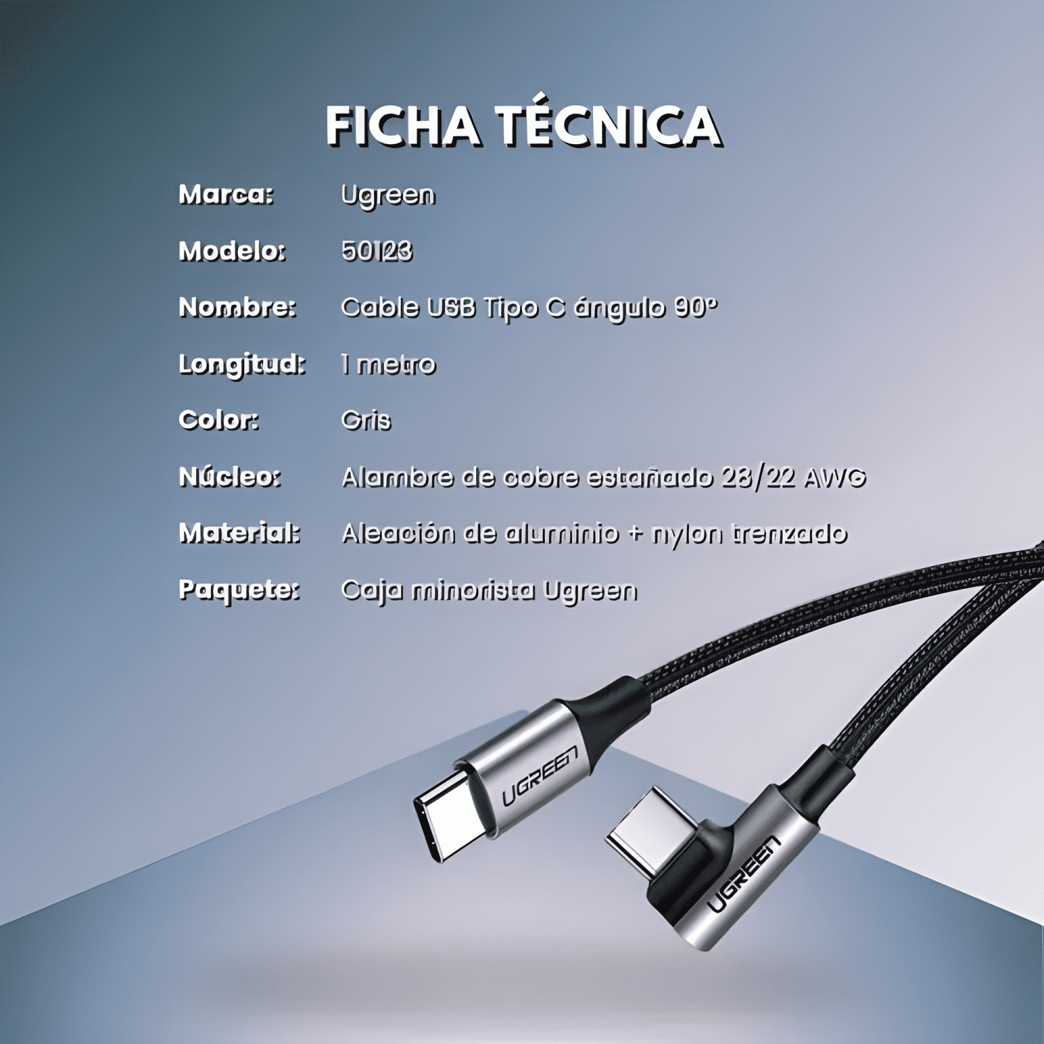 Cable USB c a USB c carga rápida de 60w 90° 1 metro Negro-2