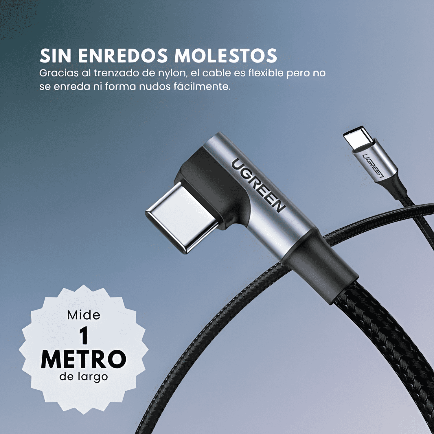 Cable USB c a USB c carga rápida de 60w 90° 1 metro Negro-3