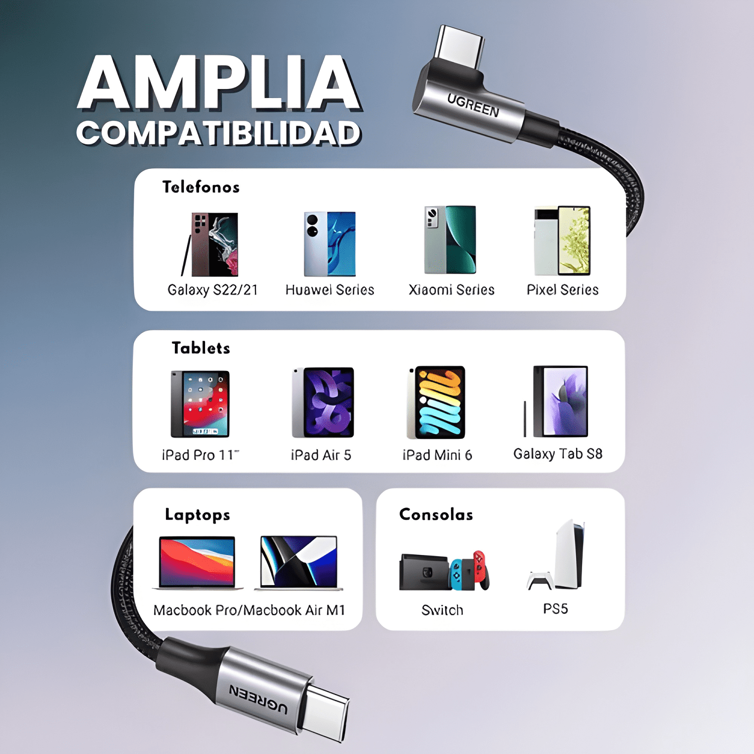Cable USB c a USB c carga rápida de 60w 90° 1 metro Negro-4