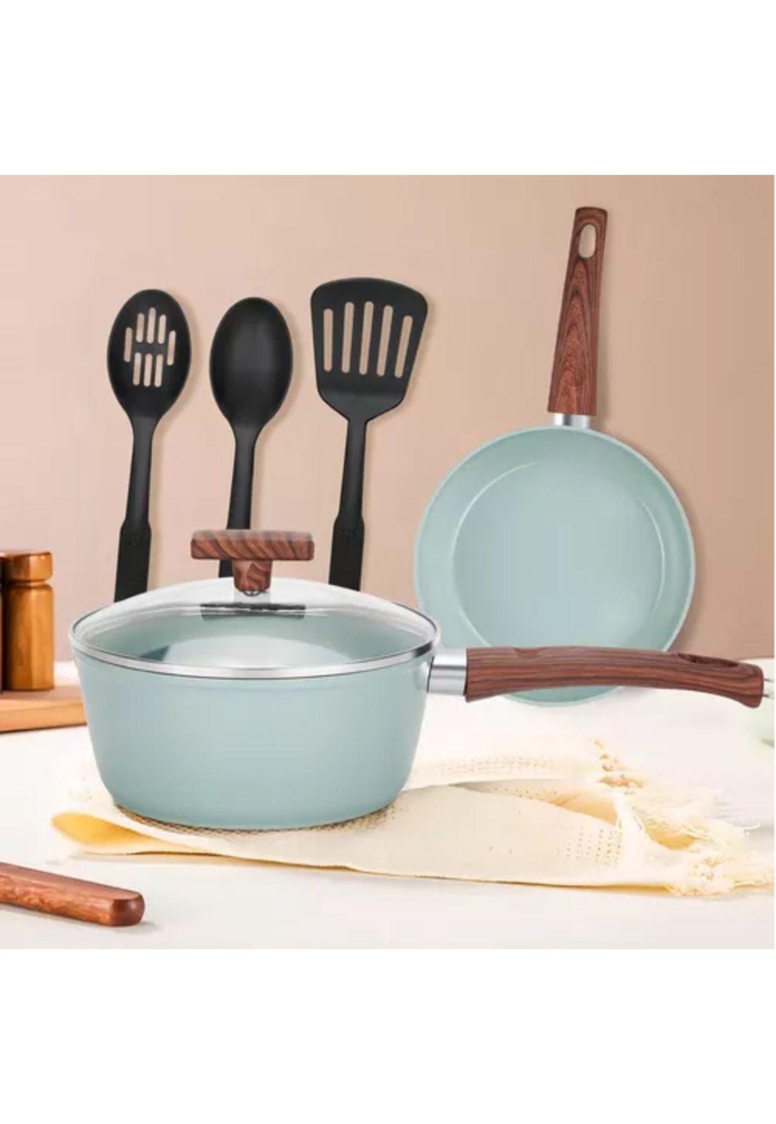 Batería de cocina de 10 piezas, antiadherente, granito, color verde claro-5