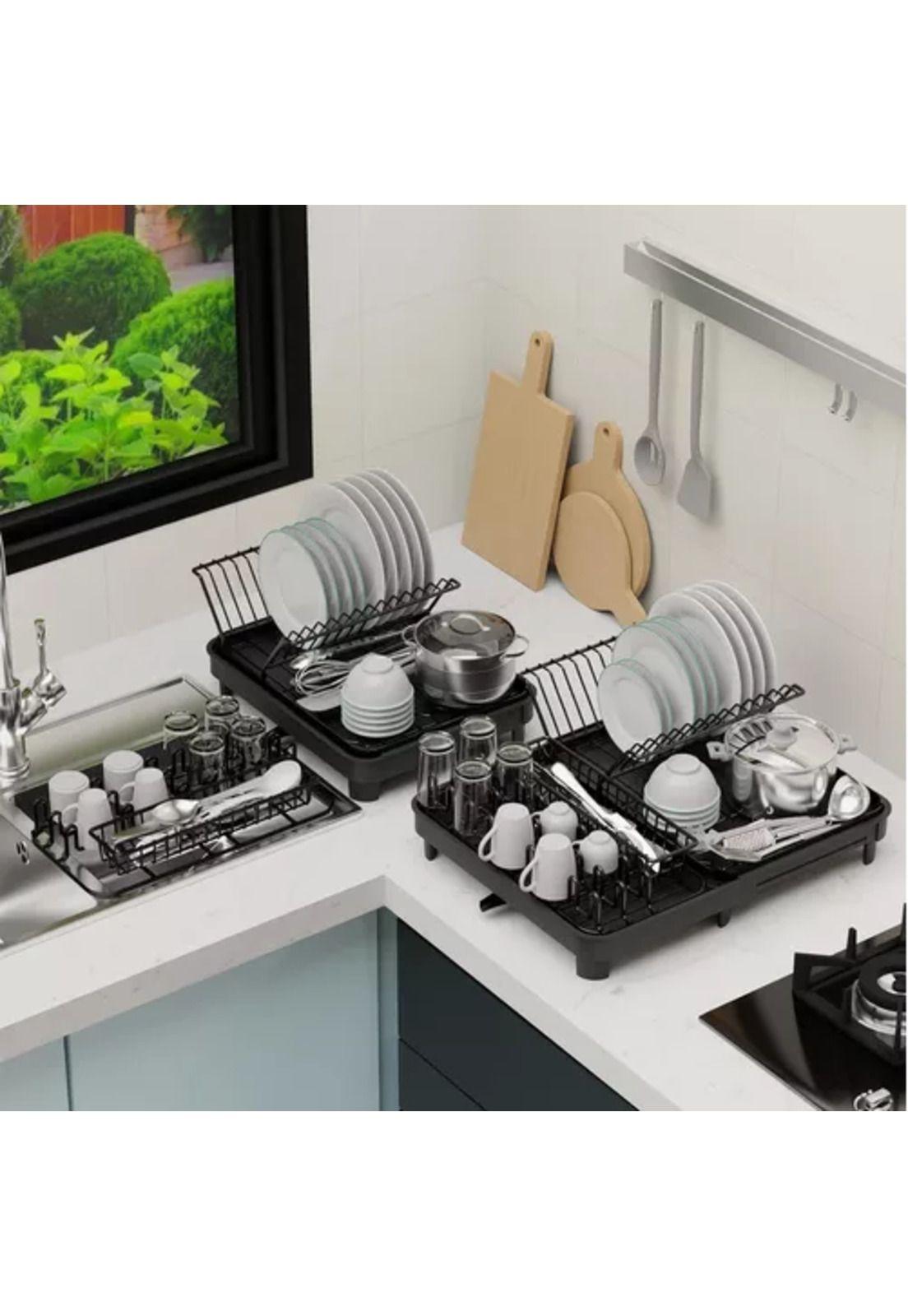 Escurridor de platos plegable, secaplatos para cocina con desagüe, rack organizador de cocina-7