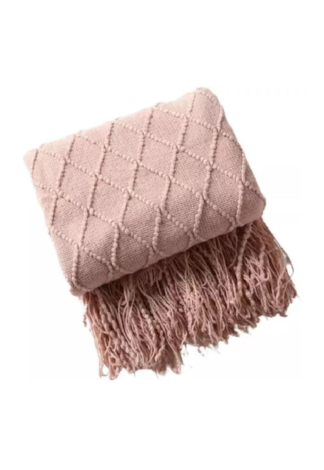 Manta decorativa tejida para sillón, piecera o cama color rosado-0