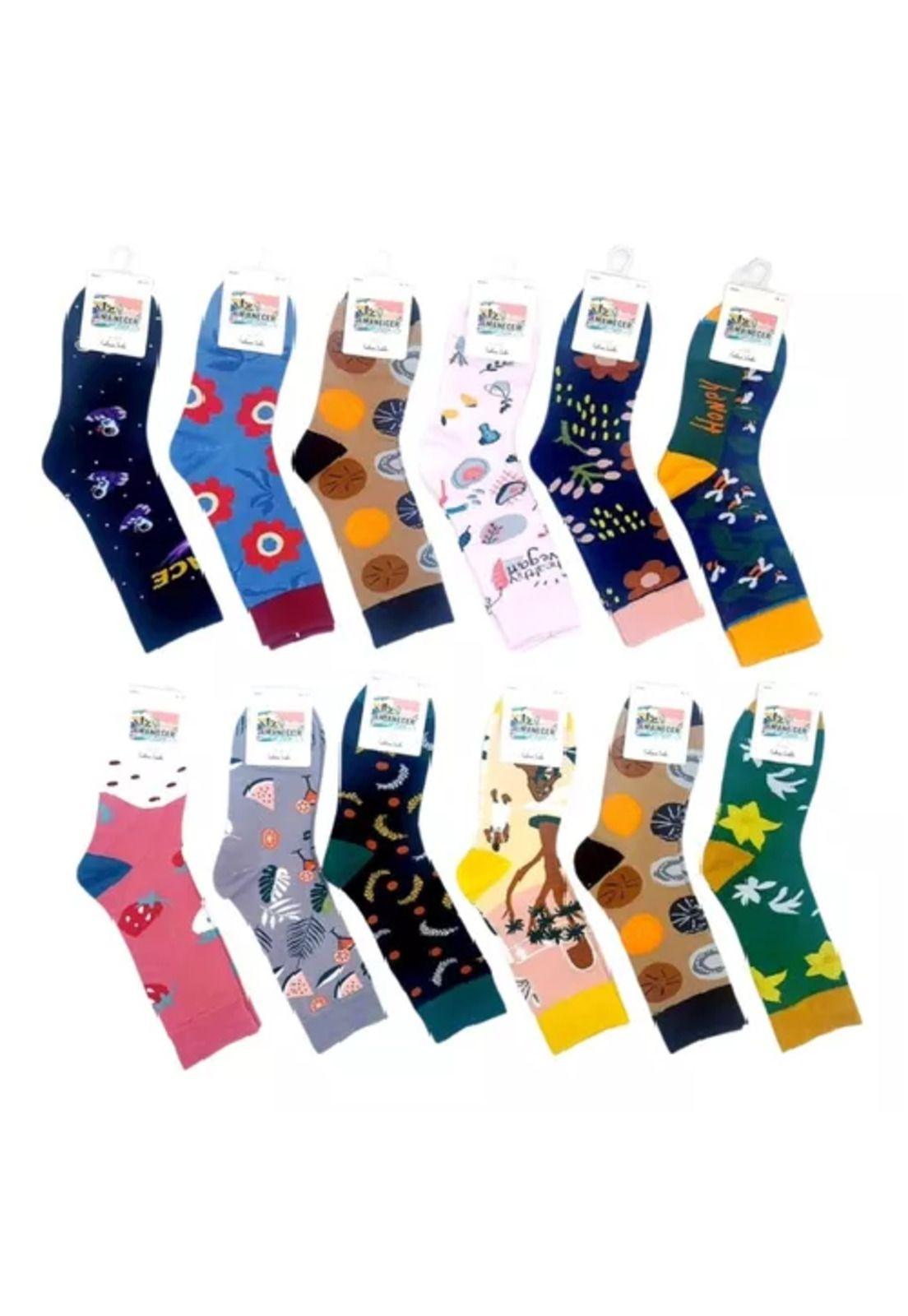 Pack de 12 calcetines de algodón largos, varios diseños para mujer, multicolor-6