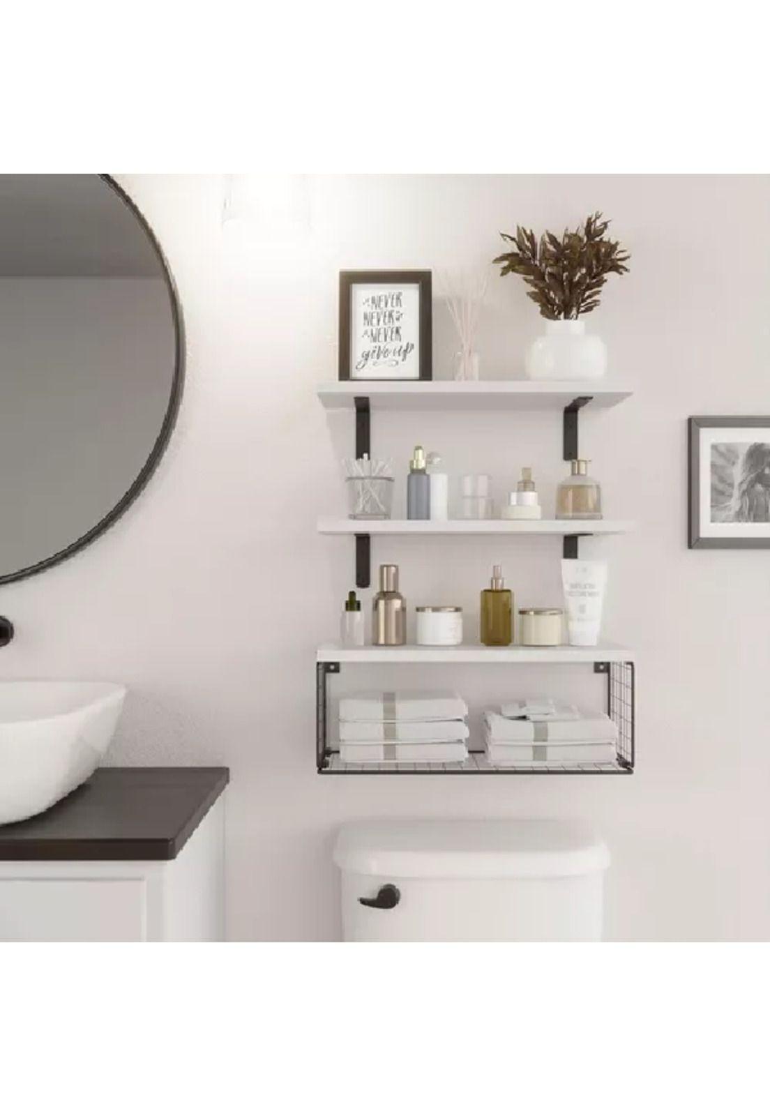 Repisas Flotantes de Madera Modernas X3 con Reja 100% Pino Blanco-3