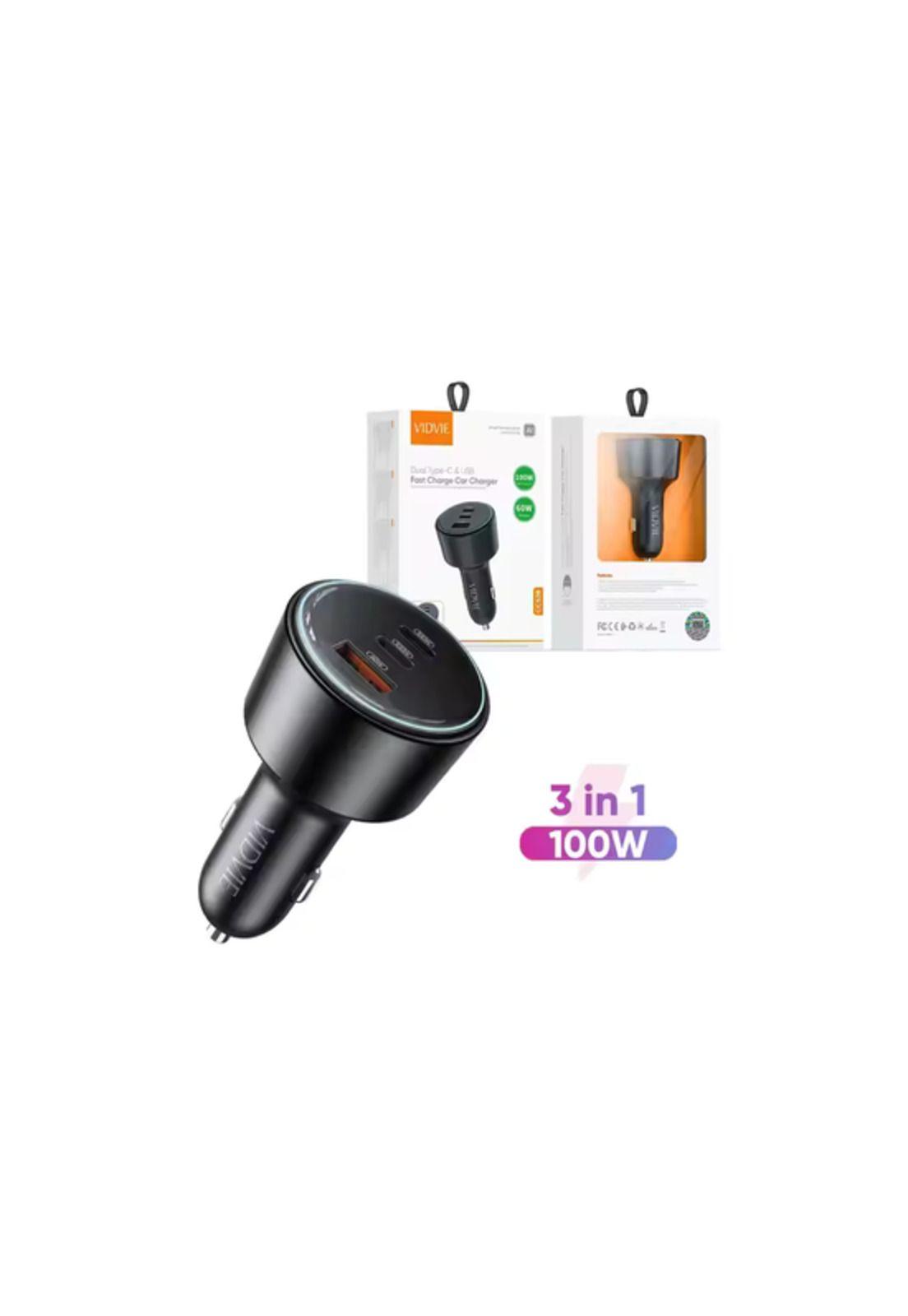 Cargador de auto 2 puertos tipo C y USB 30W Vidvie negro-1