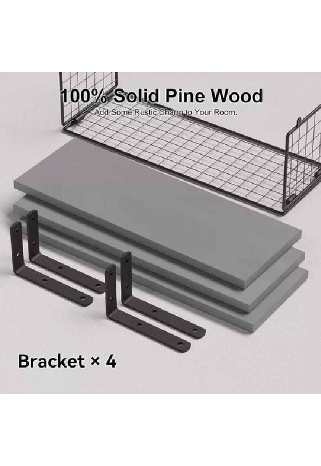 Repisas Flotantes de Madera Modernas X3 con Reja 100% Pino Gris-2