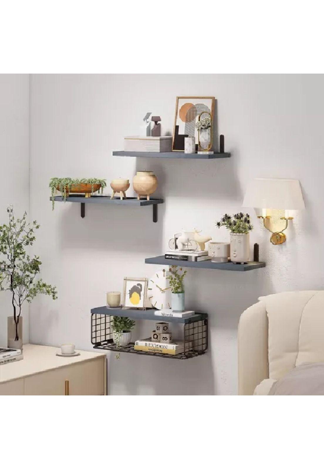 Repisas Flotantes de Madera Modernas X3 con Reja 100% Pino Gris-3