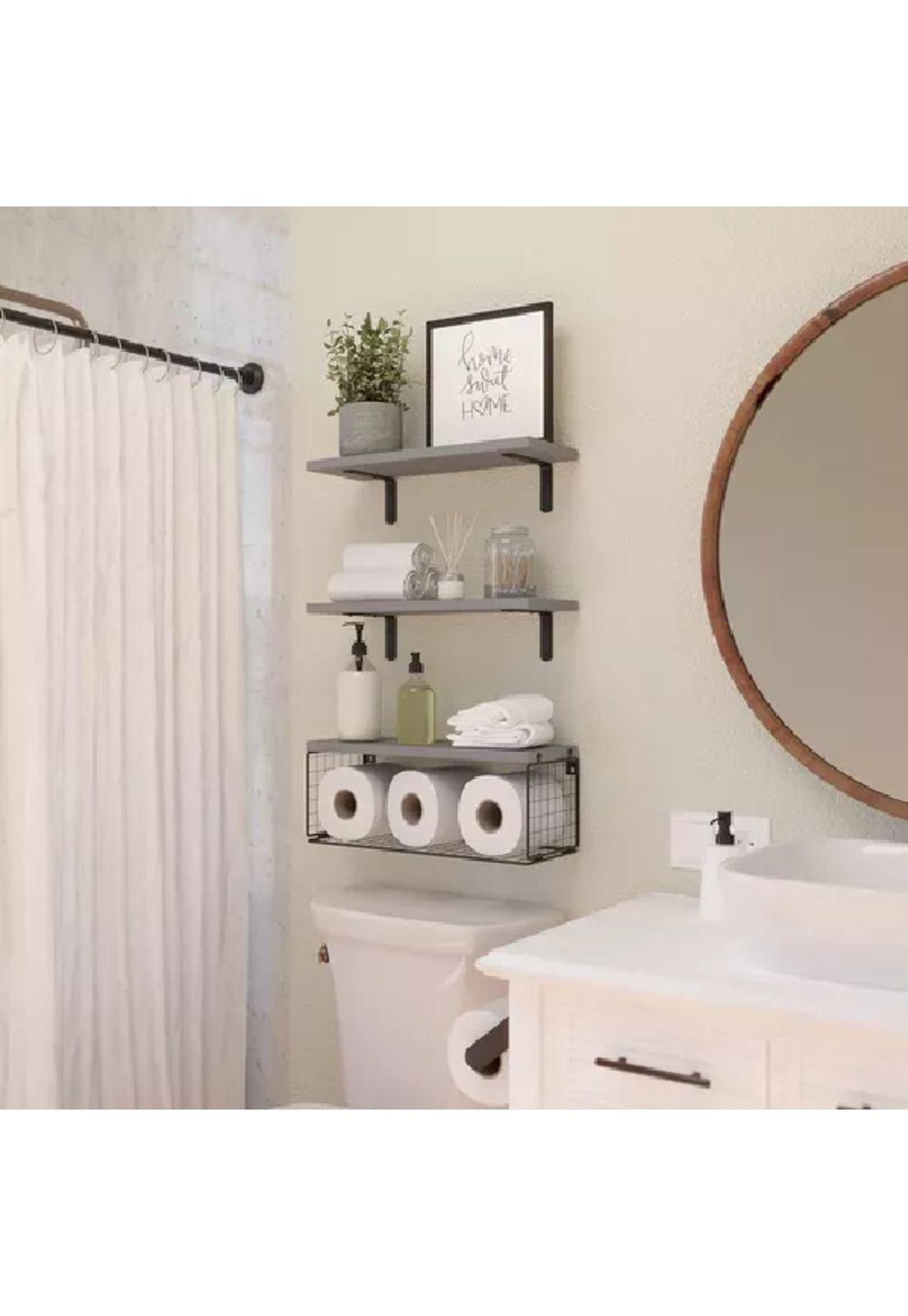 Repisas Flotantes de Madera Modernas X3 con Reja 100% Pino Gris-4
