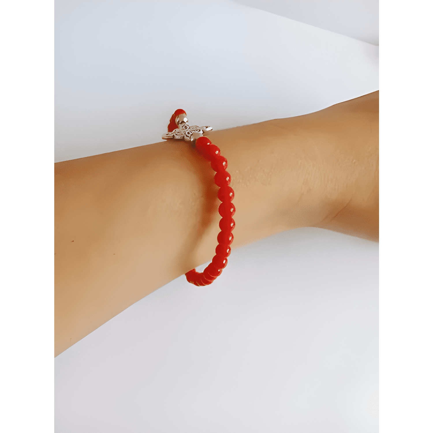 Pulsera nudo bruja piedra jaspe y lapislázuli elástico Rojo-4