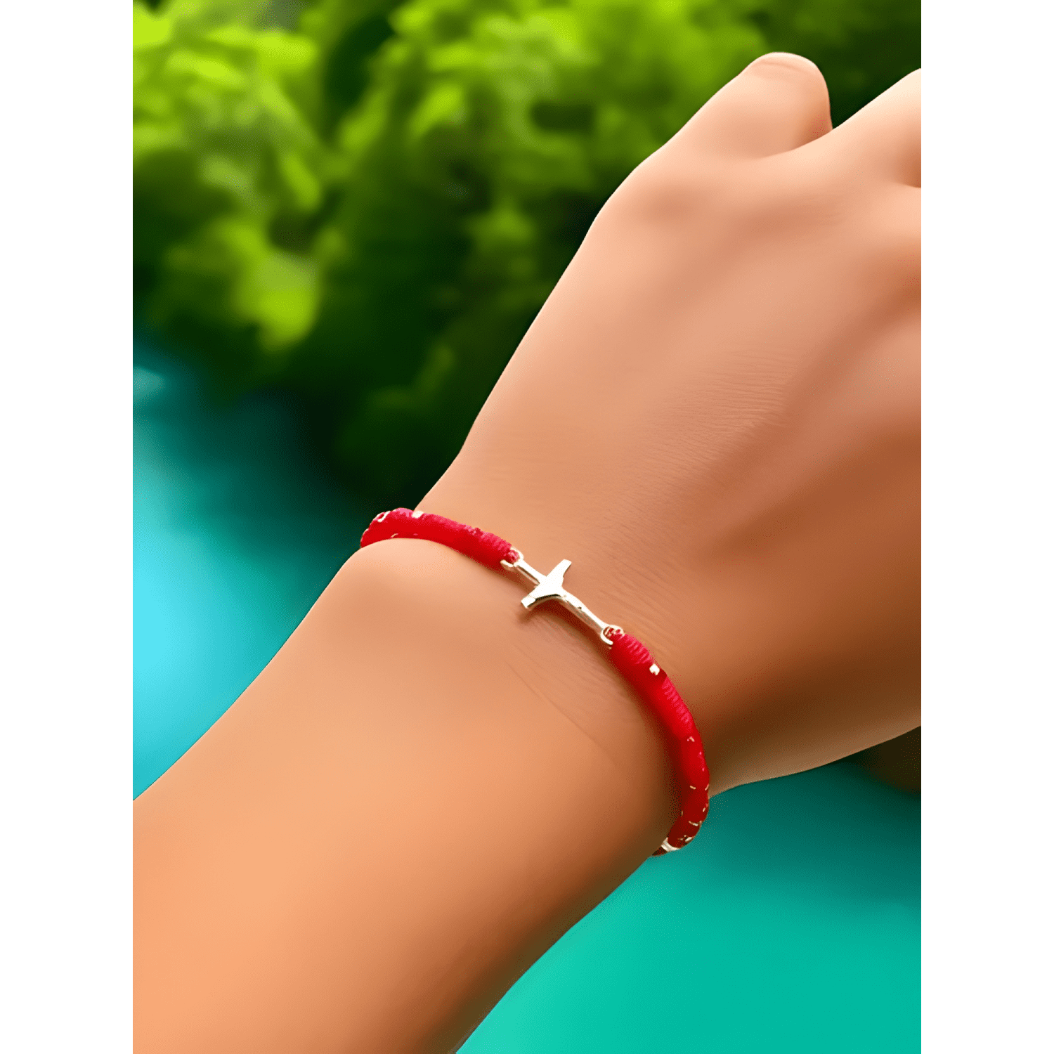 Pulsera cruz cristo plata 925 hilo con cristales rojos-4