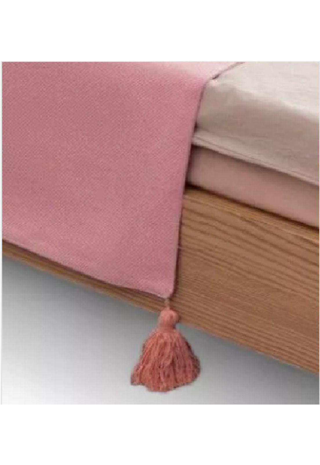 Piecera para cama 2 plaza - king en lino pompones 70x210 cm color rosa-0