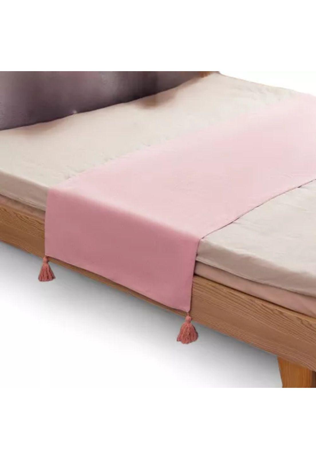 Piecera para cama 2 plaza - king en lino pompones 70x210 cm color rosa-1