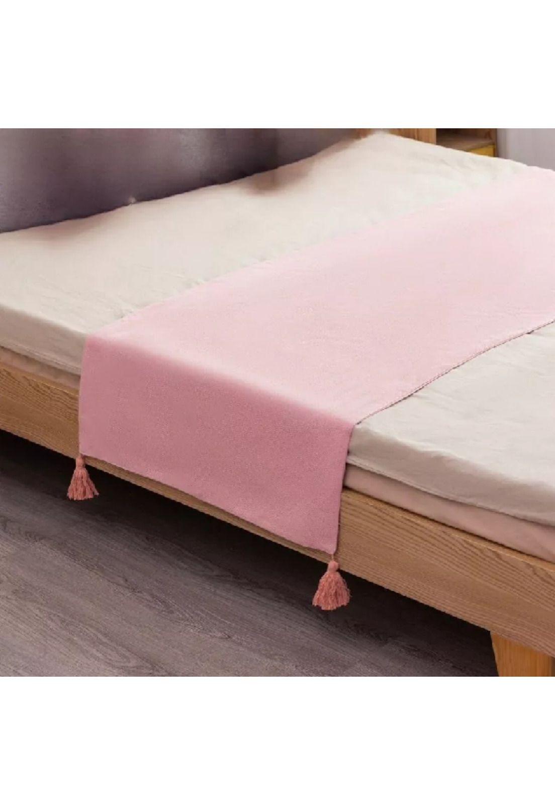 Piecera para cama 2 plaza - king en lino pompones 70x210 cm color rosa-2
