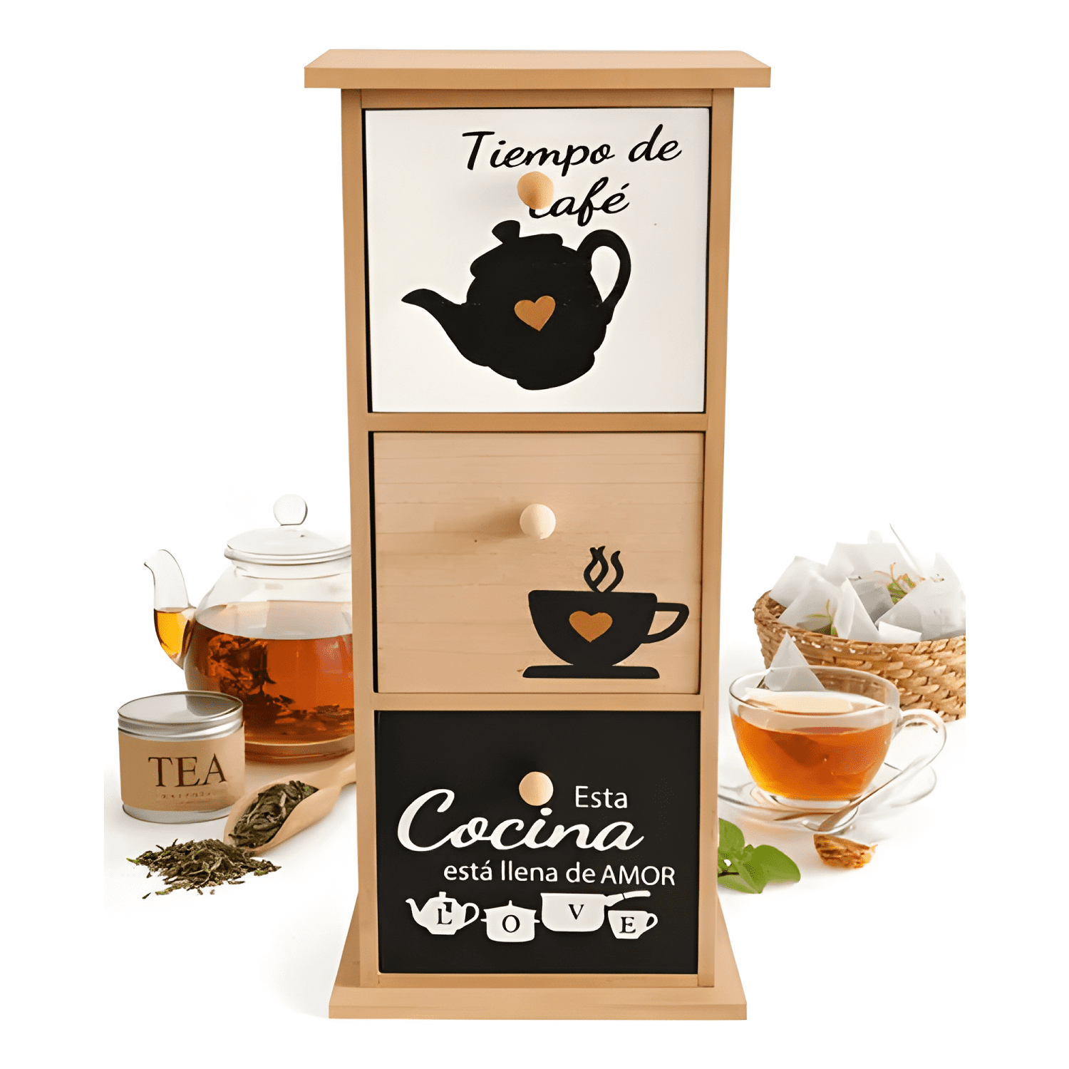 Caja de madera para té y café organizador 3 cajones hogar #7-0