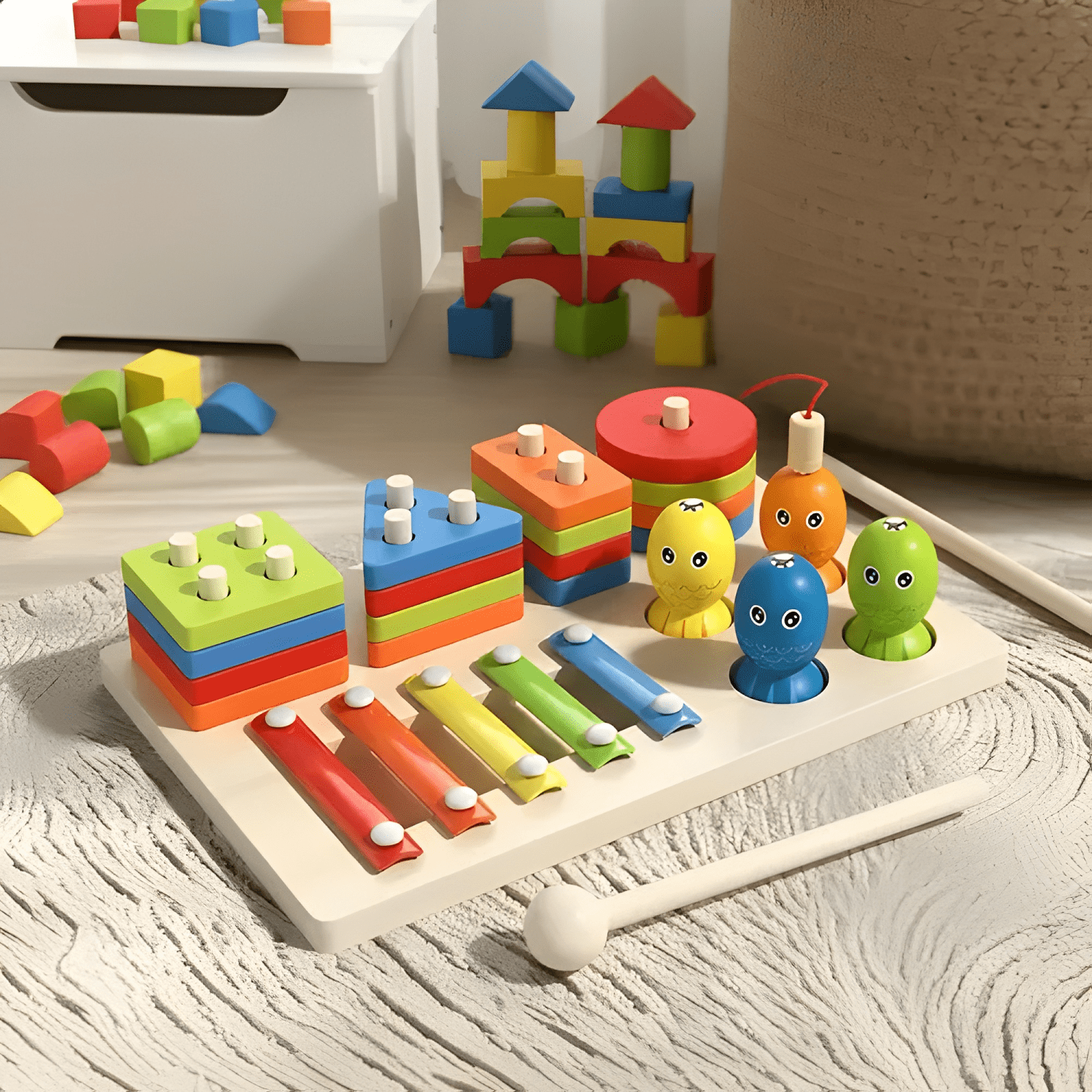 Montessori 7en1 madera pesca, xilófono juguet didáctico niño-0
