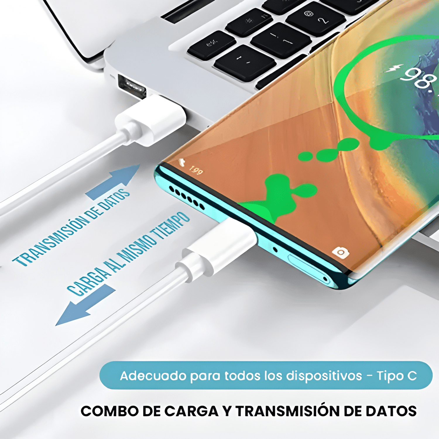 Cable tipo USB a tipo c para carga rápida android Blanco-3