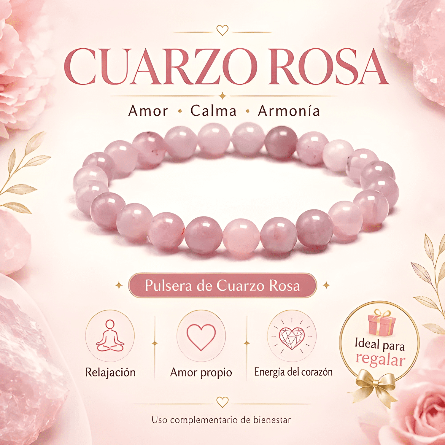Pulsera piedra natural de cuarzo energética 16 CM Rosa-1