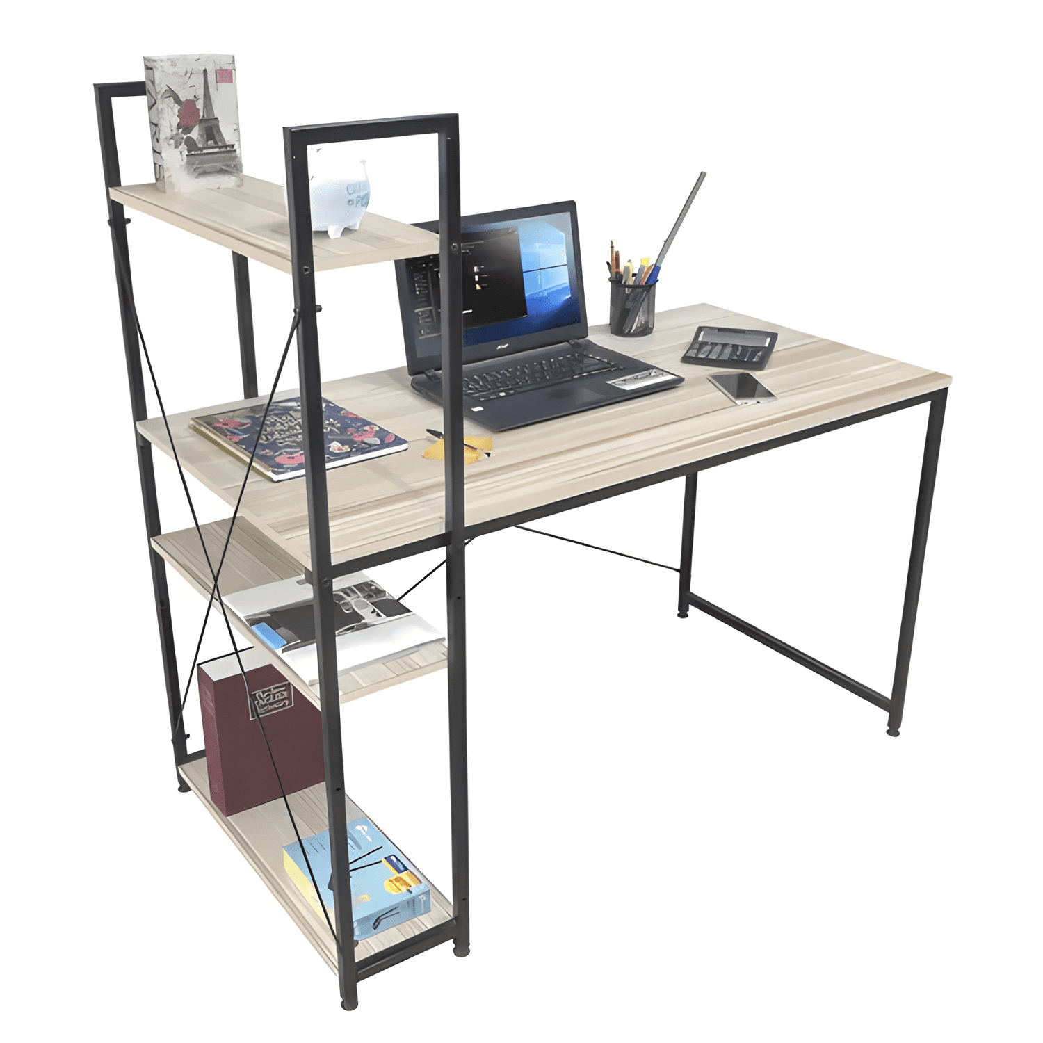 Escritorio estilo industrial relan estantería lateral Beige-2