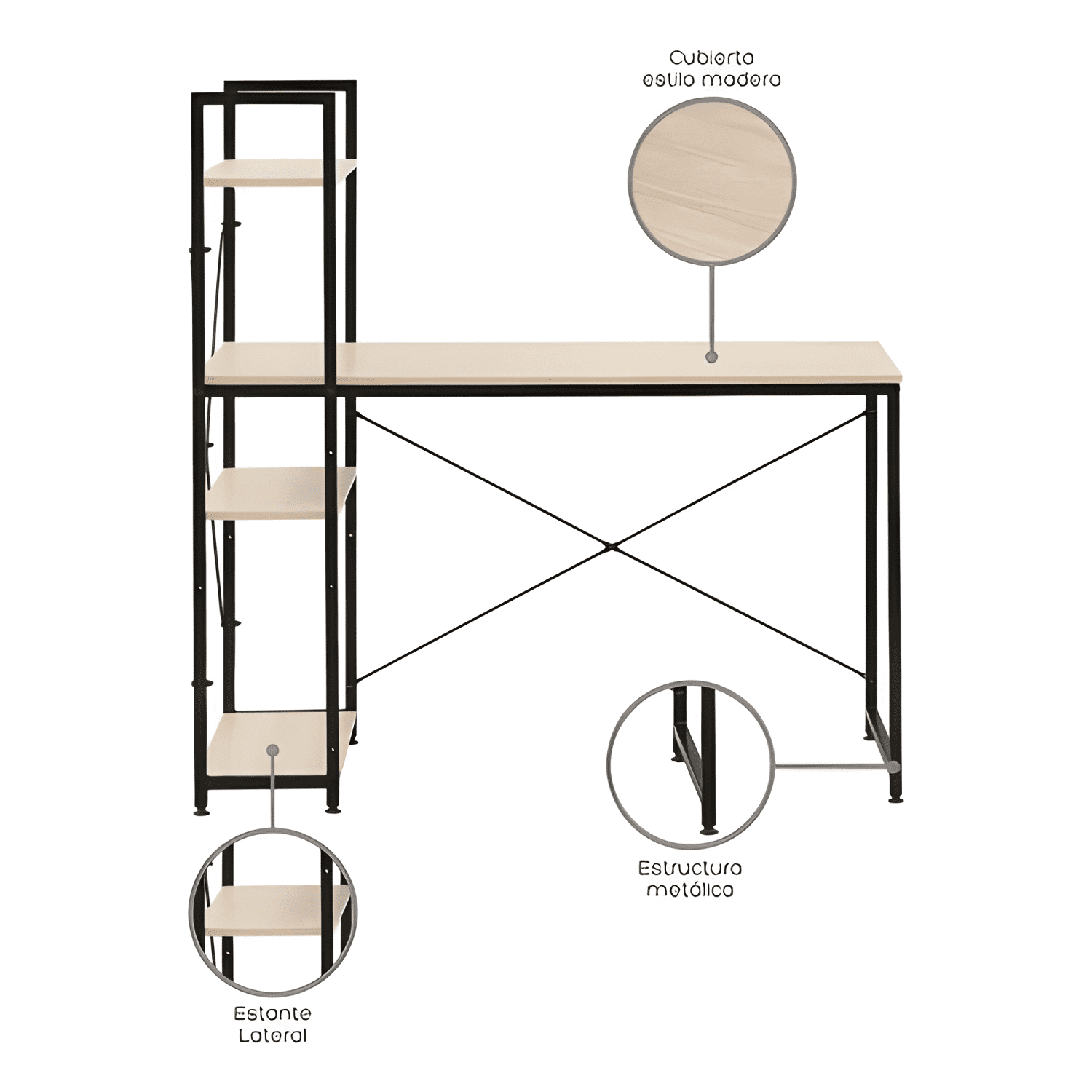 Escritorio estilo industrial relan estantería lateral Beige-3