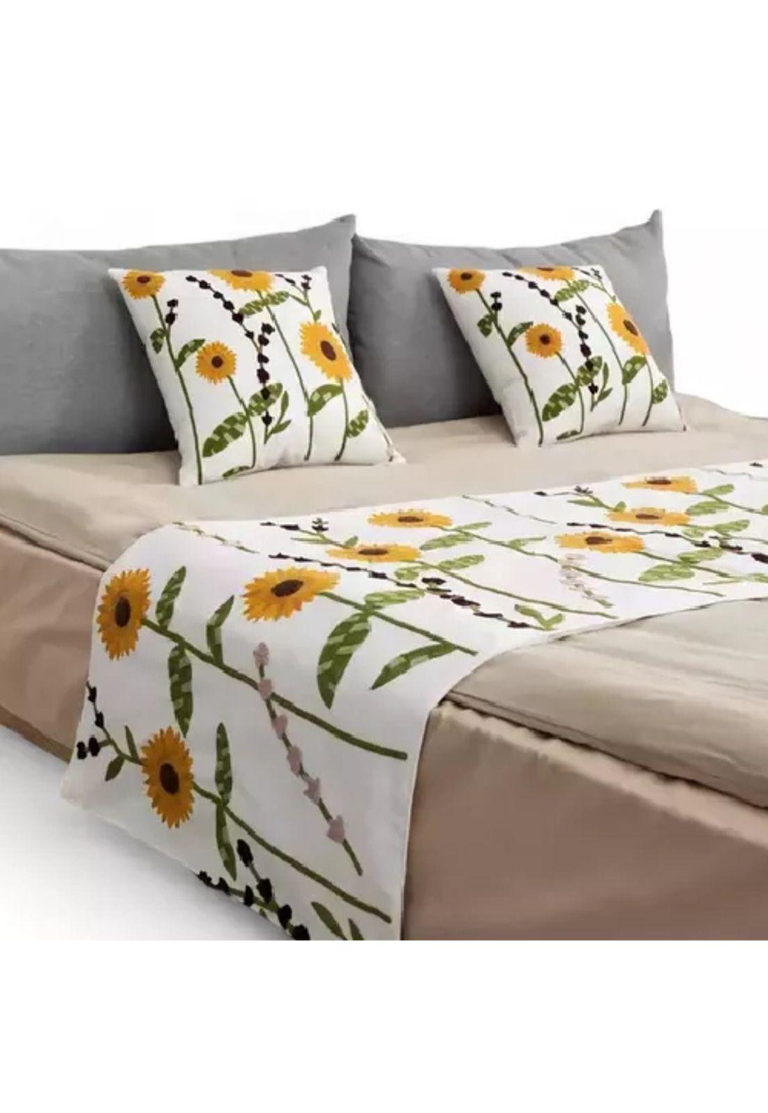 Piecera bordada + 2 fundas de cojín diseño floral 7 color blanco-1
