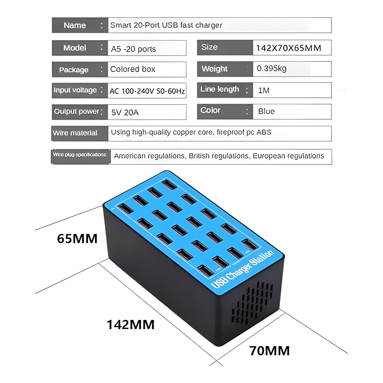 Cargador USB 20 puertos Anwinka 100W 5V carga rápida-2