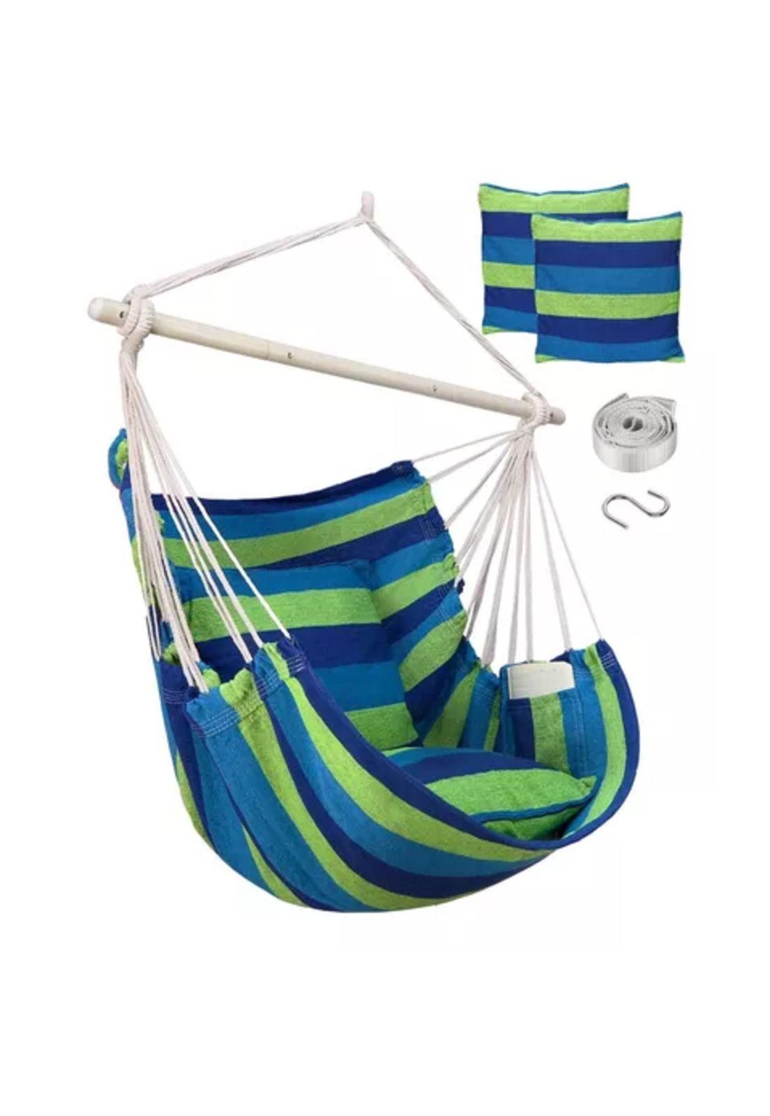 Columpio colgante azul y verde con dos almohadas para jardín-2