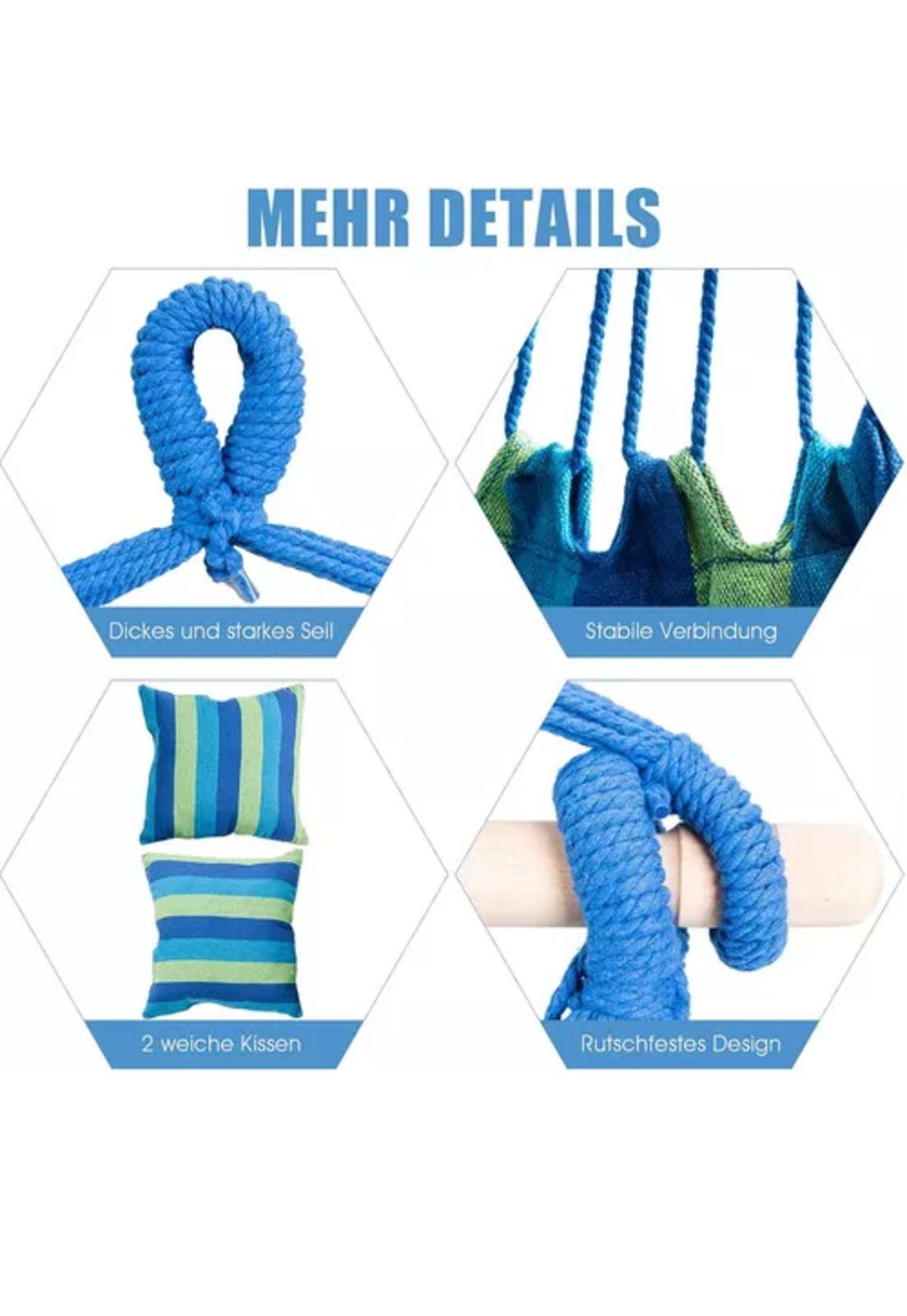 Columpio colgante azul y verde con dos almohadas para jardín-4