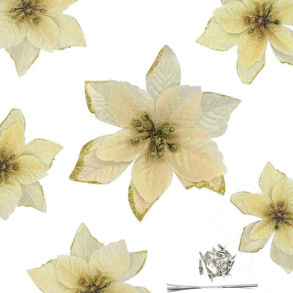 10 Flores Navideñas Adorno Navidad Árbol Oro Con 10 Clip Amarillo-0