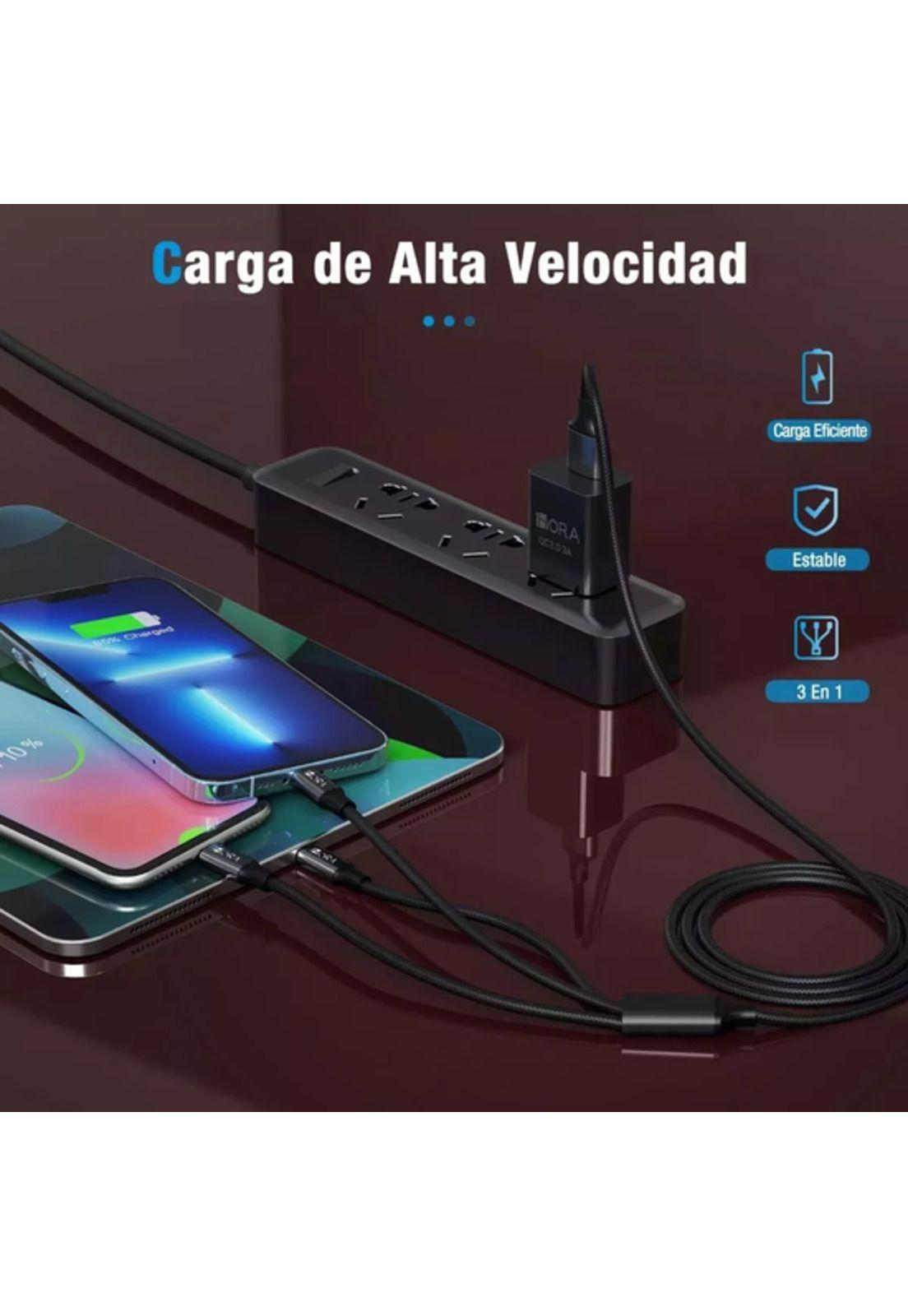Cable carga rápida 6A 3 en 1 compatible con Samsung y Apple negro-3