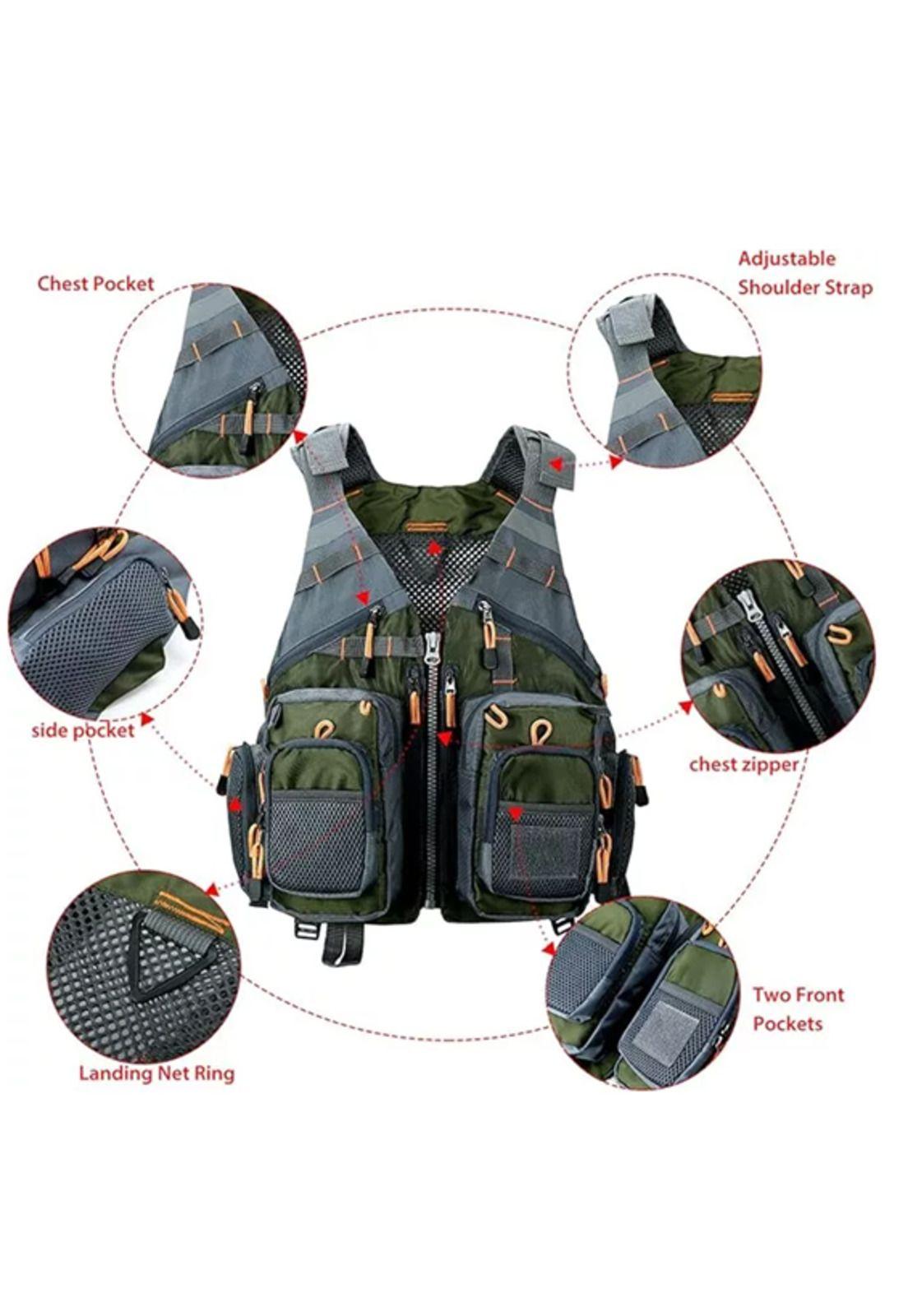 Chaleco de pesca con mochila salvavidas pescador mosca, gris-2