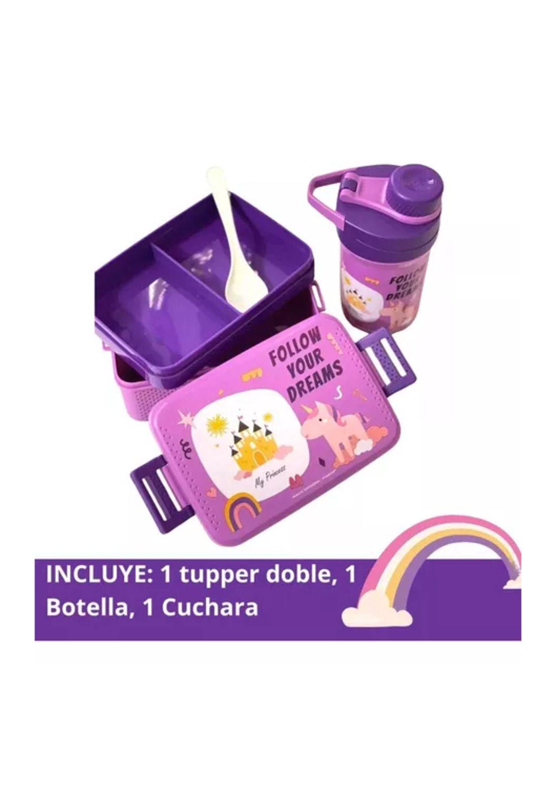 Set de lonchera, fiambrera y botella para niños, diseño infantil, color violeta-3