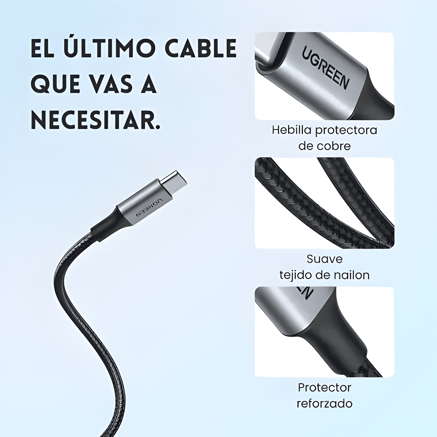 Cable USB-C a usb-a trenzado de carga rápida 3a, 1.5 Negro-3